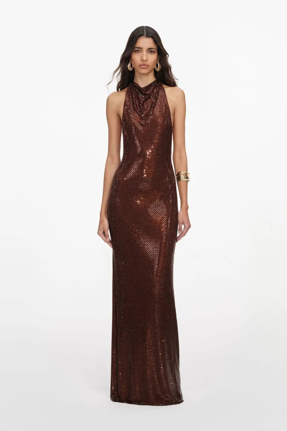 Rhinestones Racer Back Evening Dress in Brown