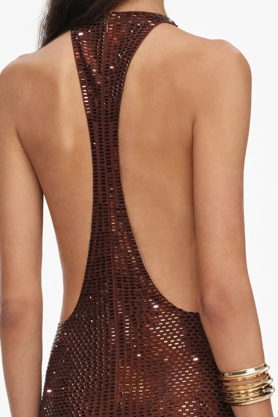 Rhinestones Racer Back Evening Dress in Brown