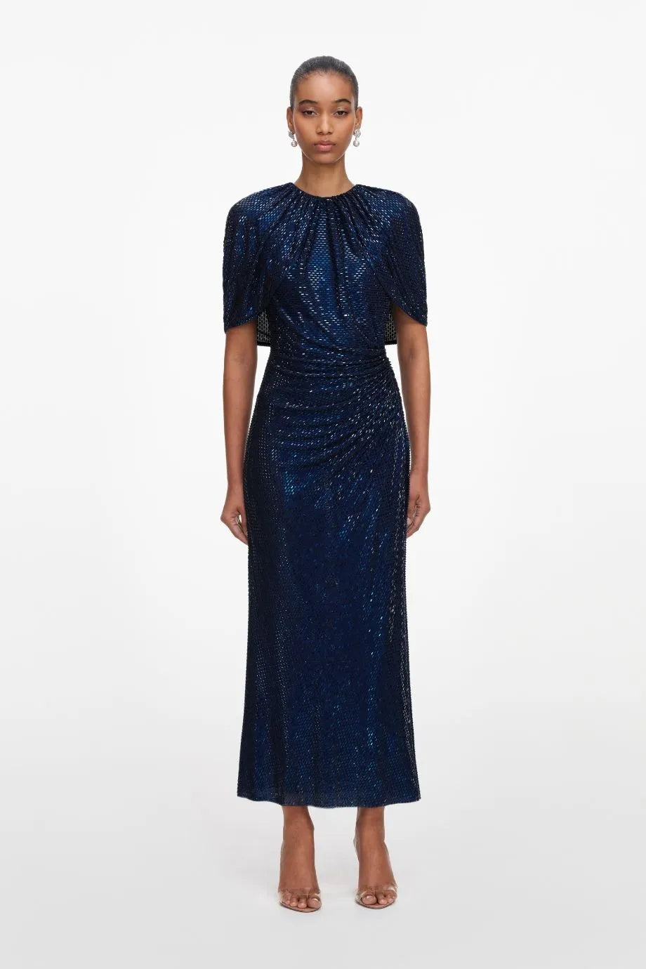 Rhinestones Cape Sleeves Evening Dress in Blue