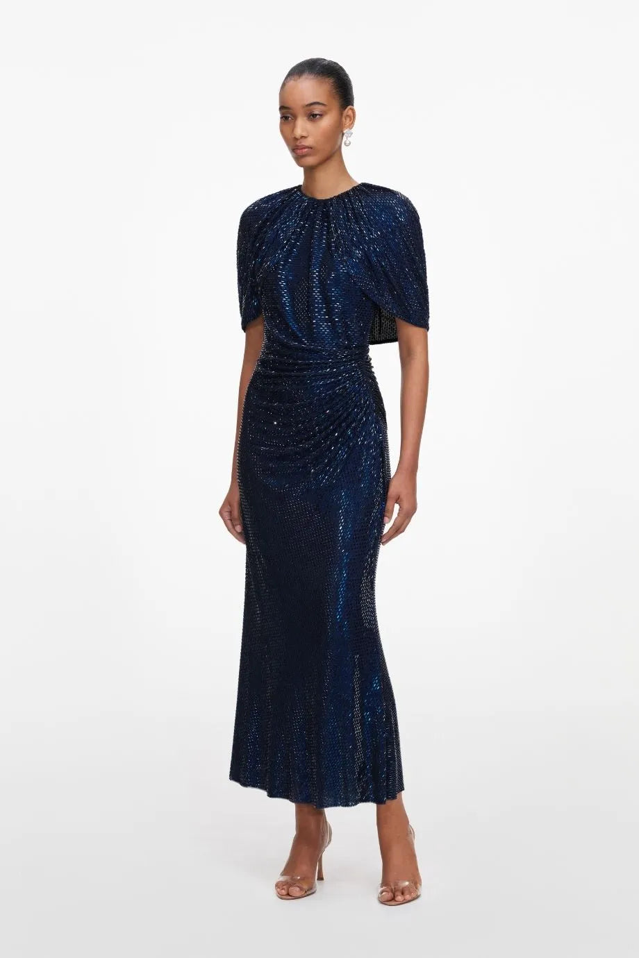Rhinestones Cape Sleeves Evening Dress in Blue