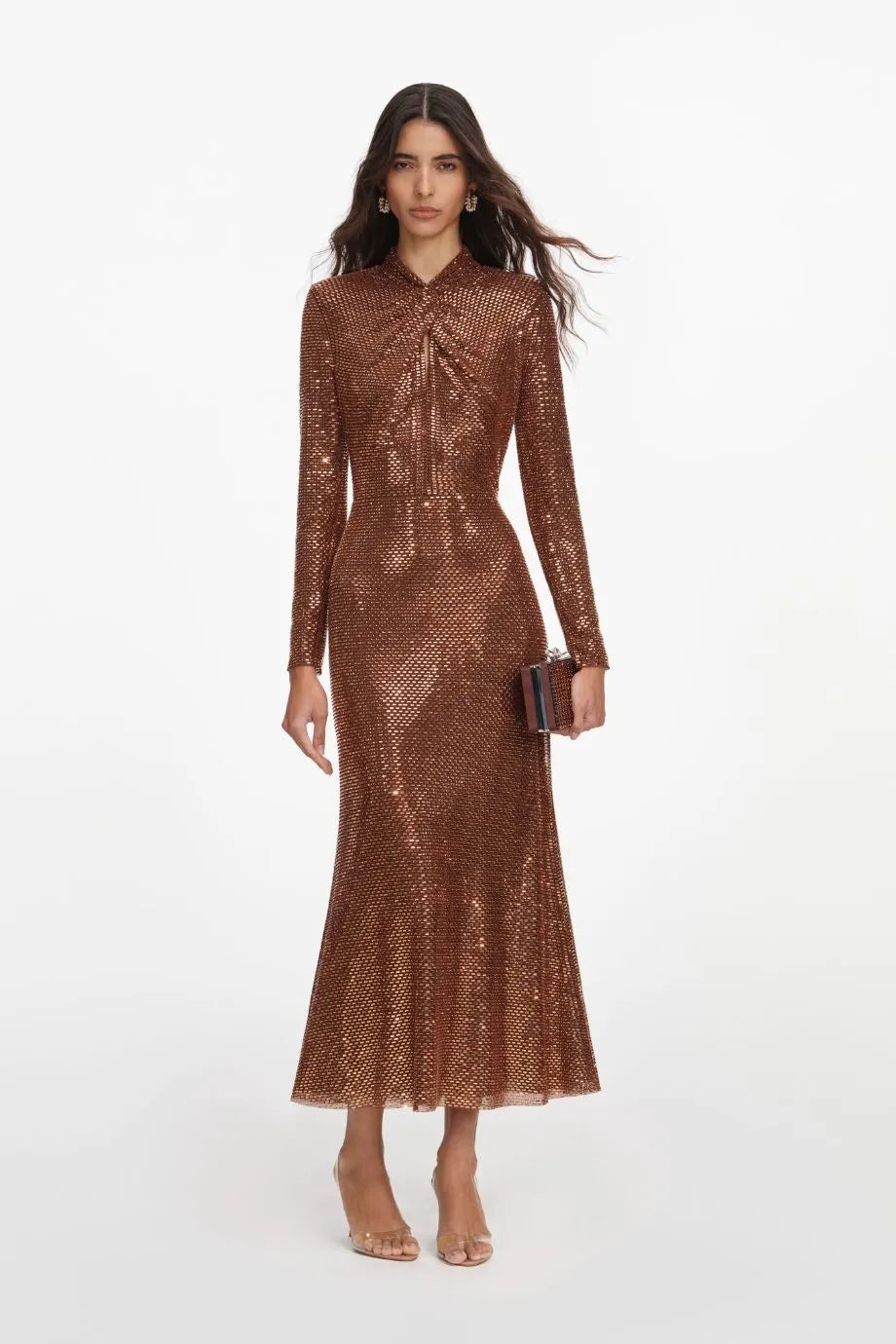 Long Sleeves Rhinestones Evening Dress in Brown