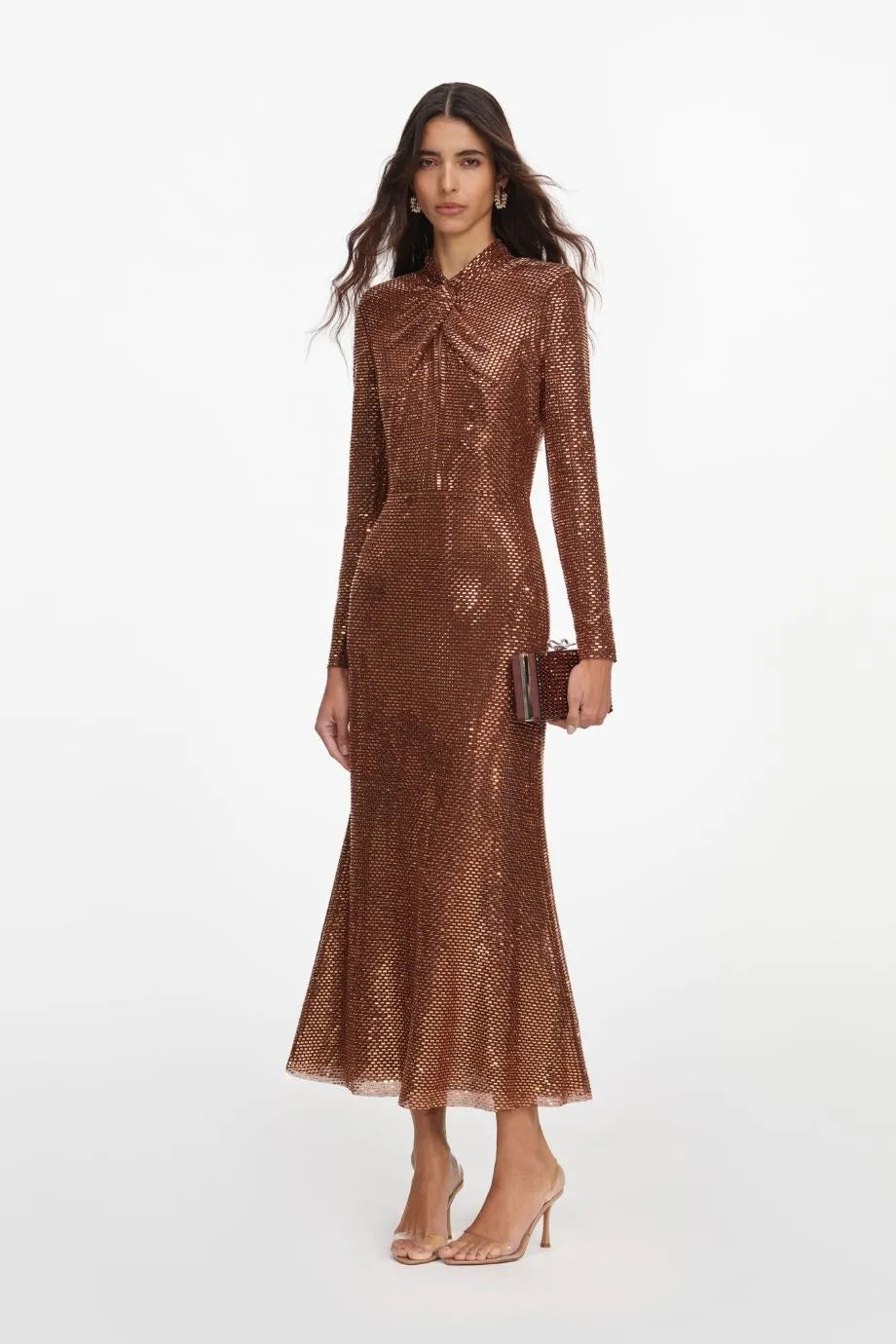 Long Sleeves Rhinestones Evening Dress in Brown
