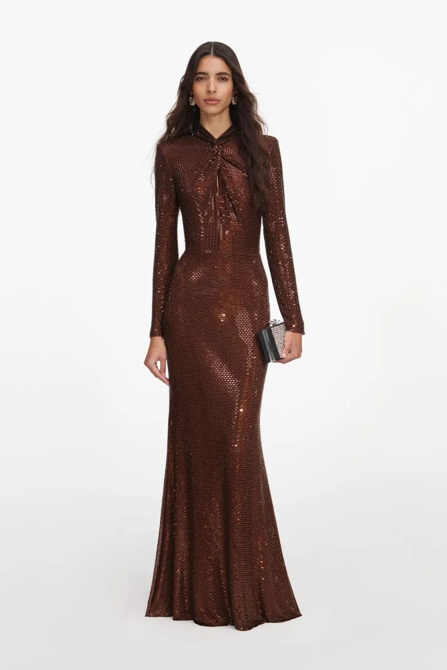 Long Sleeves Rhinestones Evening Dress in Brown