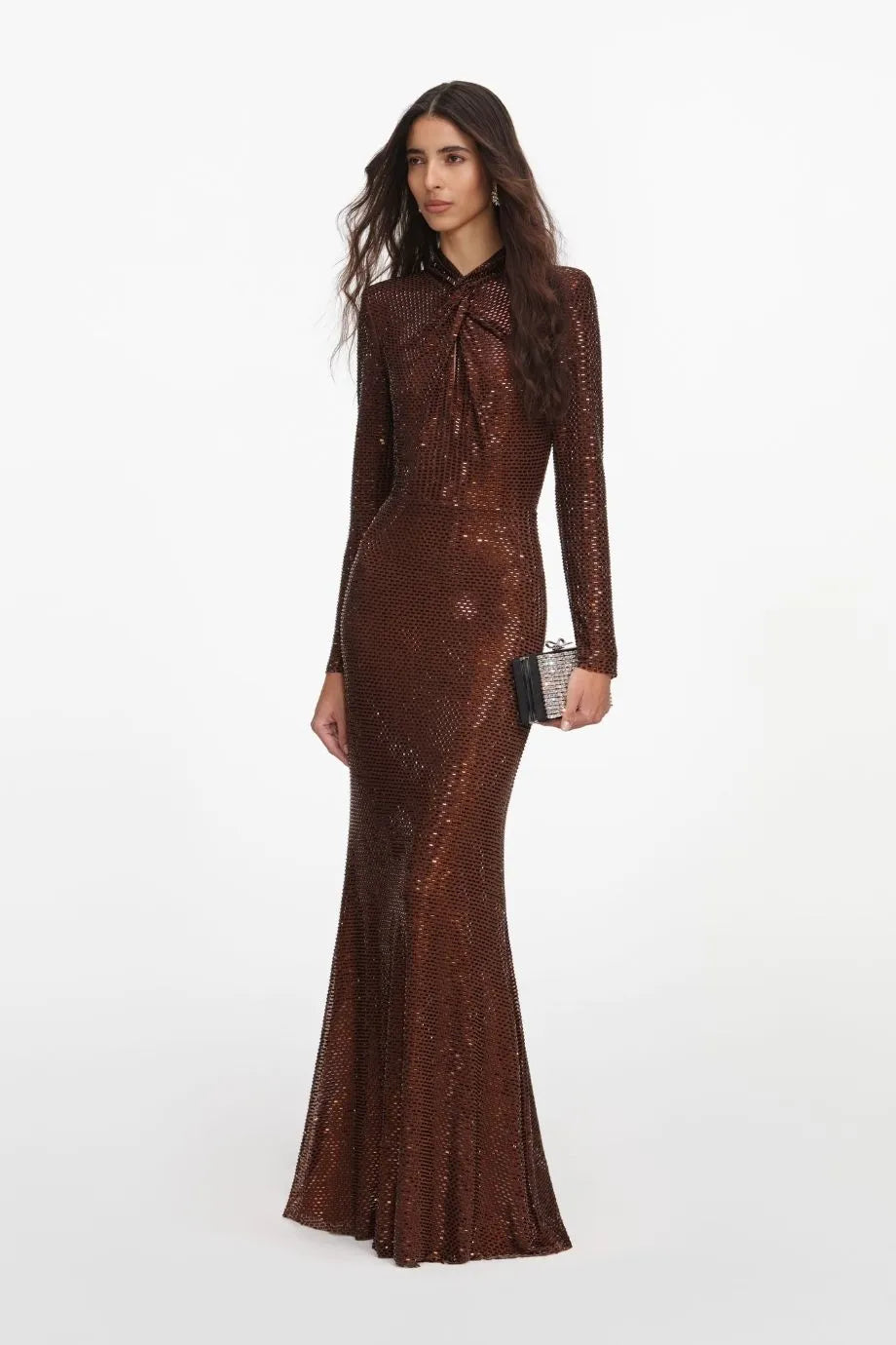 Long Sleeves Rhinestones Evening Dress in Brown