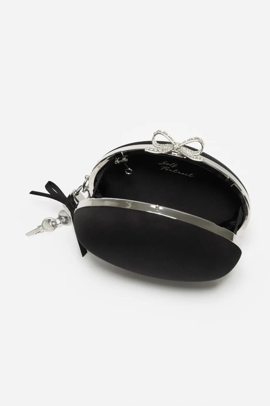 Bow Satin Oval Clutch Bag in Black