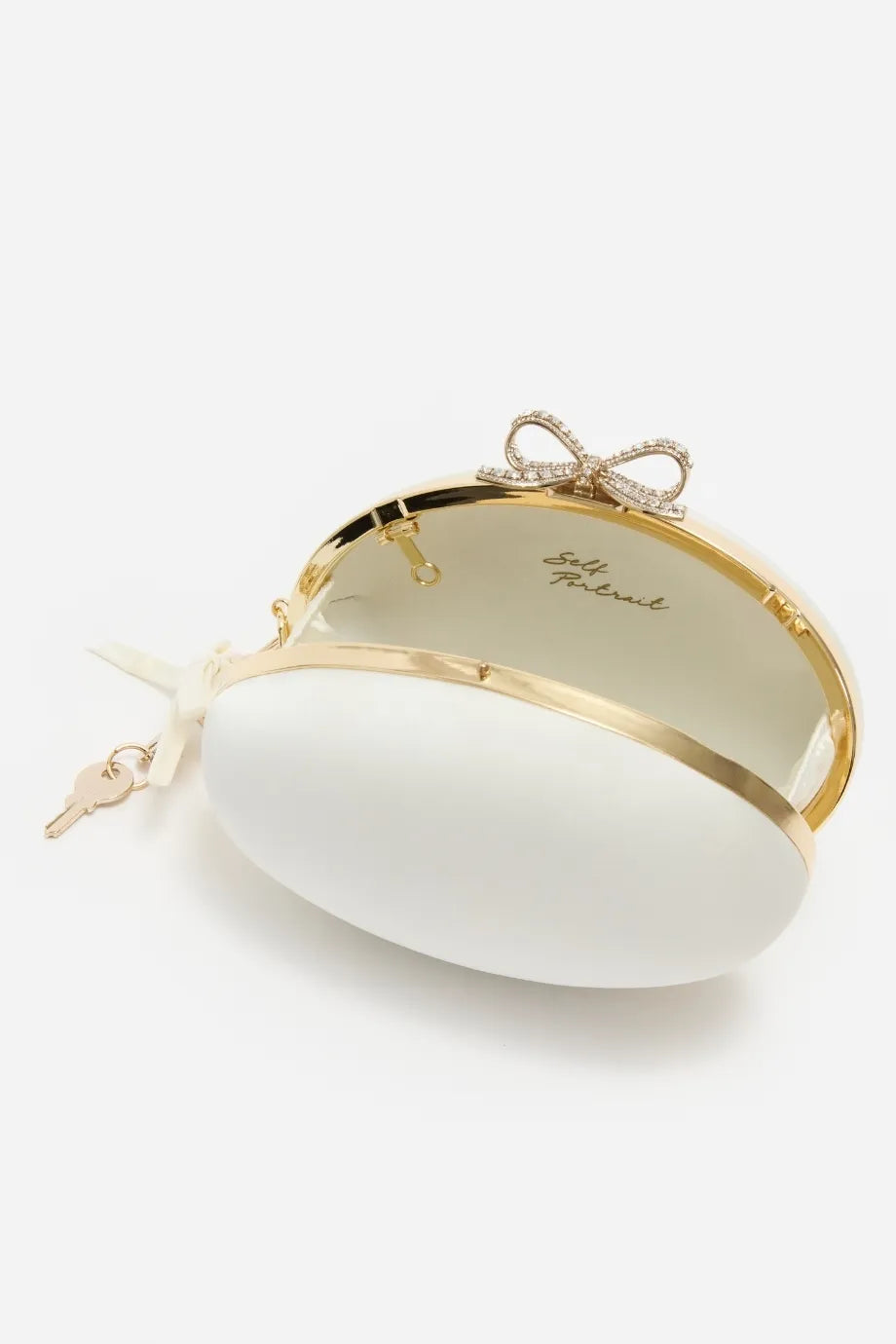 Bow Satin Oval Clutch Bag in Cream