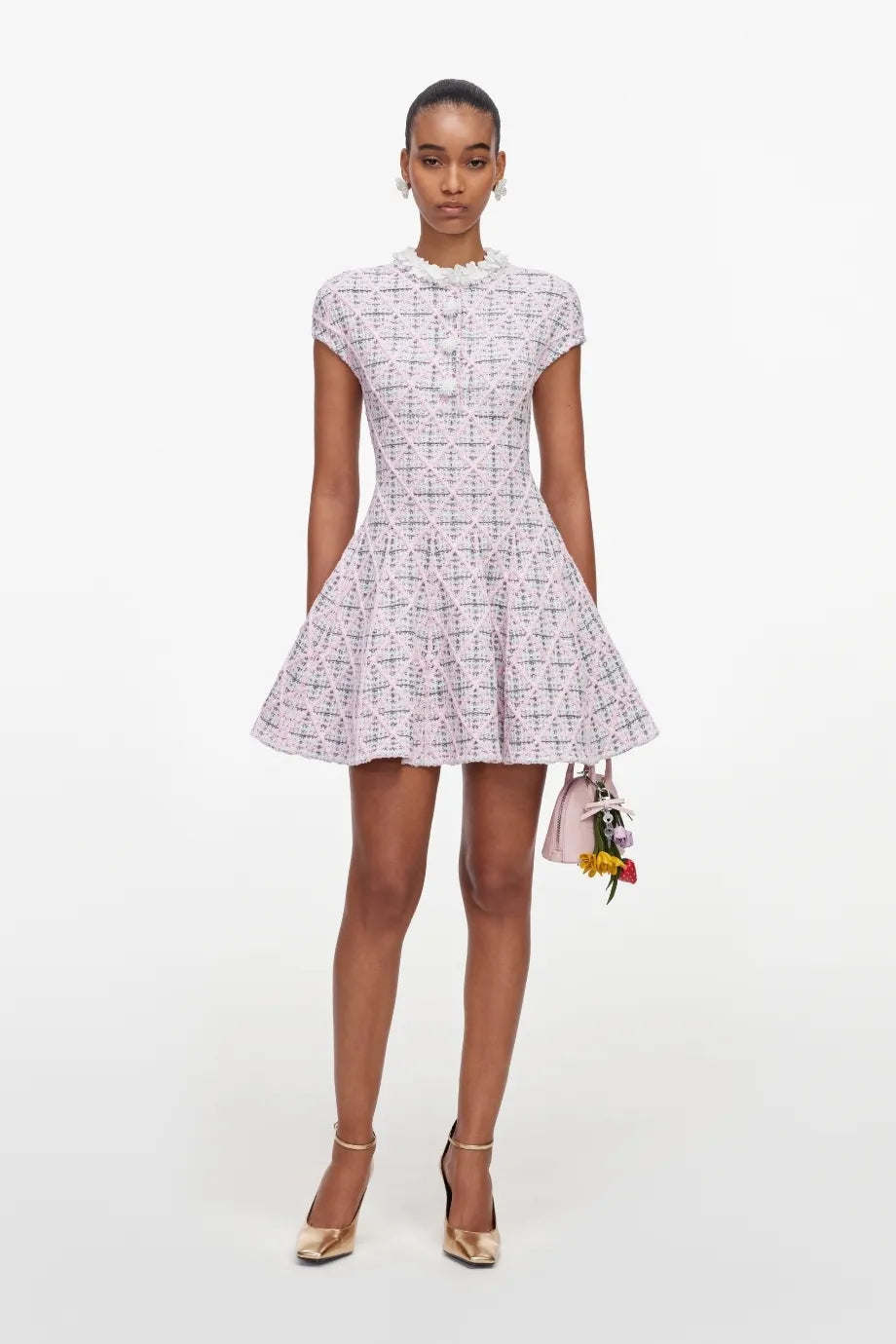 Check Knit Beaded Mini Dress in Pink