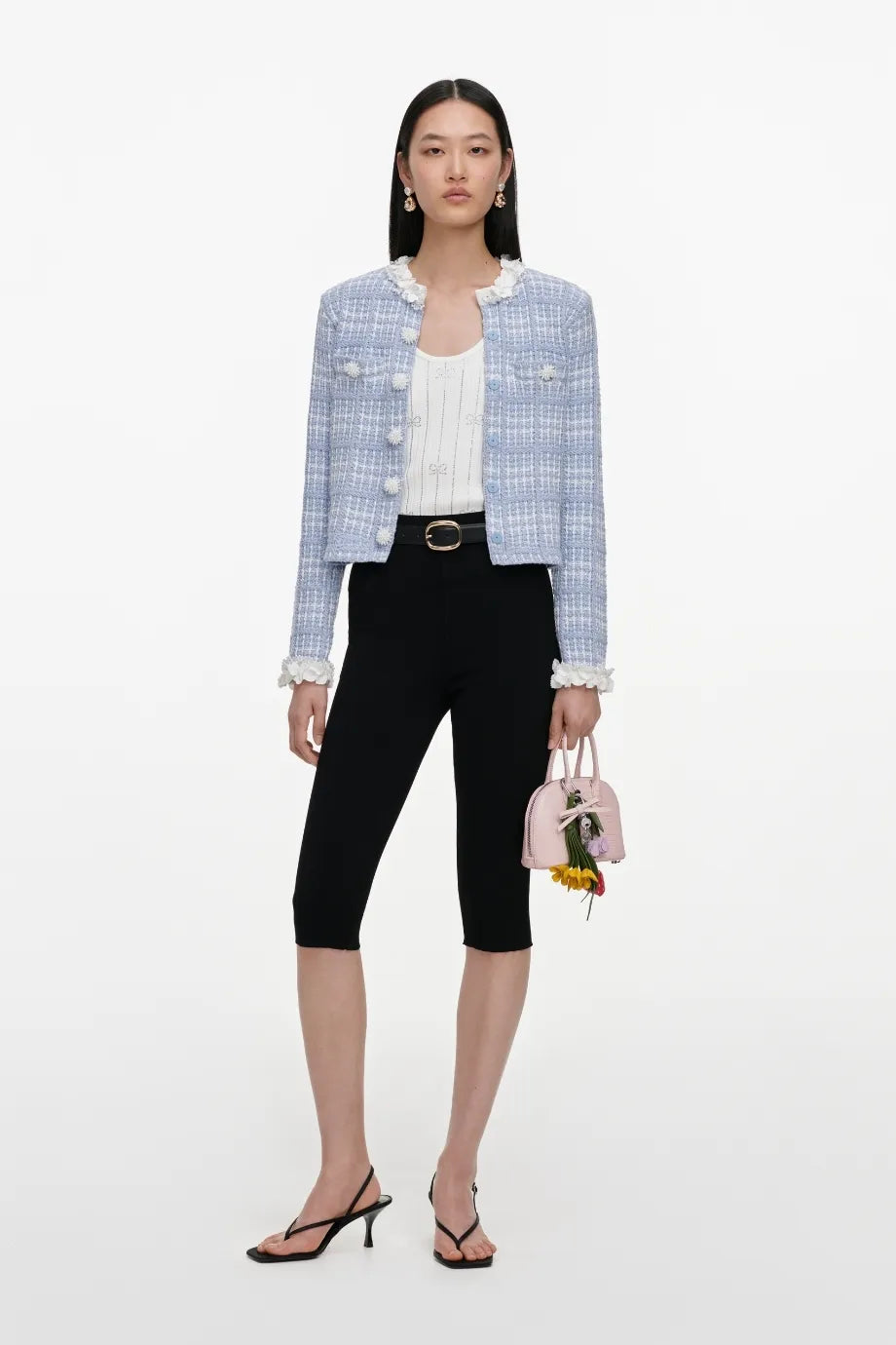 Check Knit Beaded Jacket in Blue