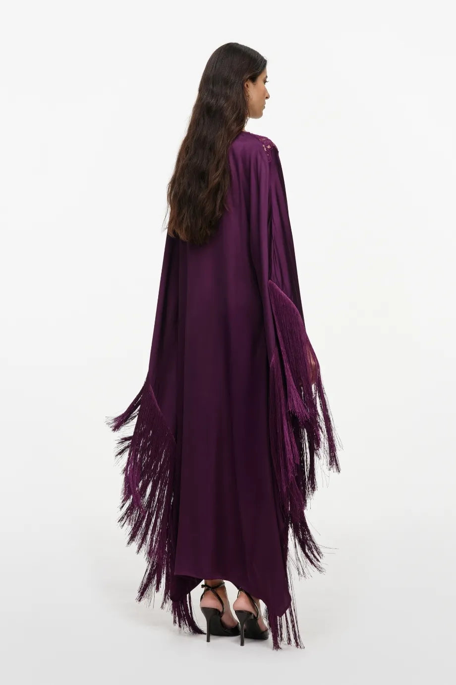 Satin Fringes Maxi Kaftan in Purple