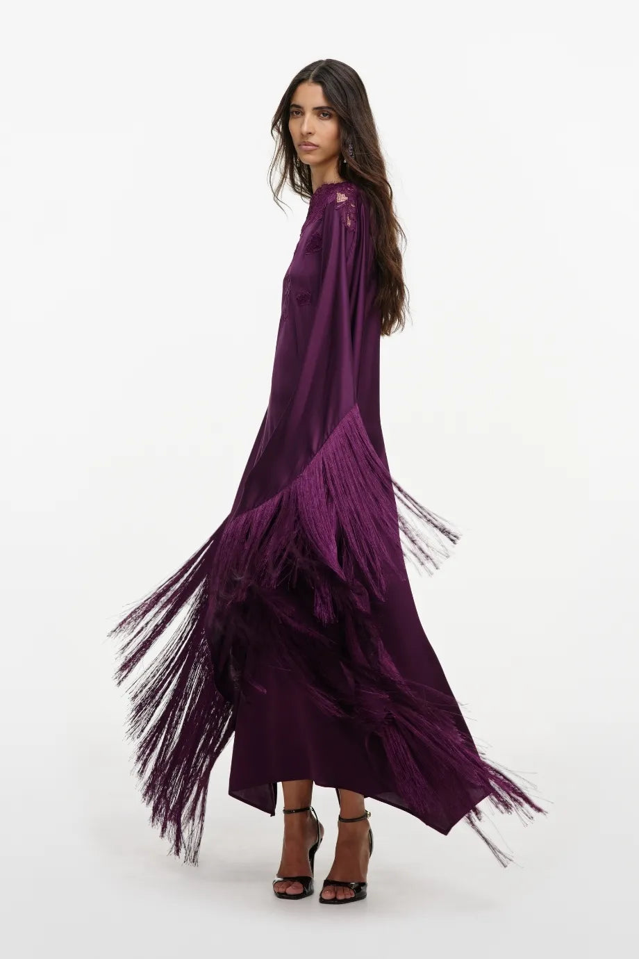 Satin Fringes Maxi Kaftan in Purple