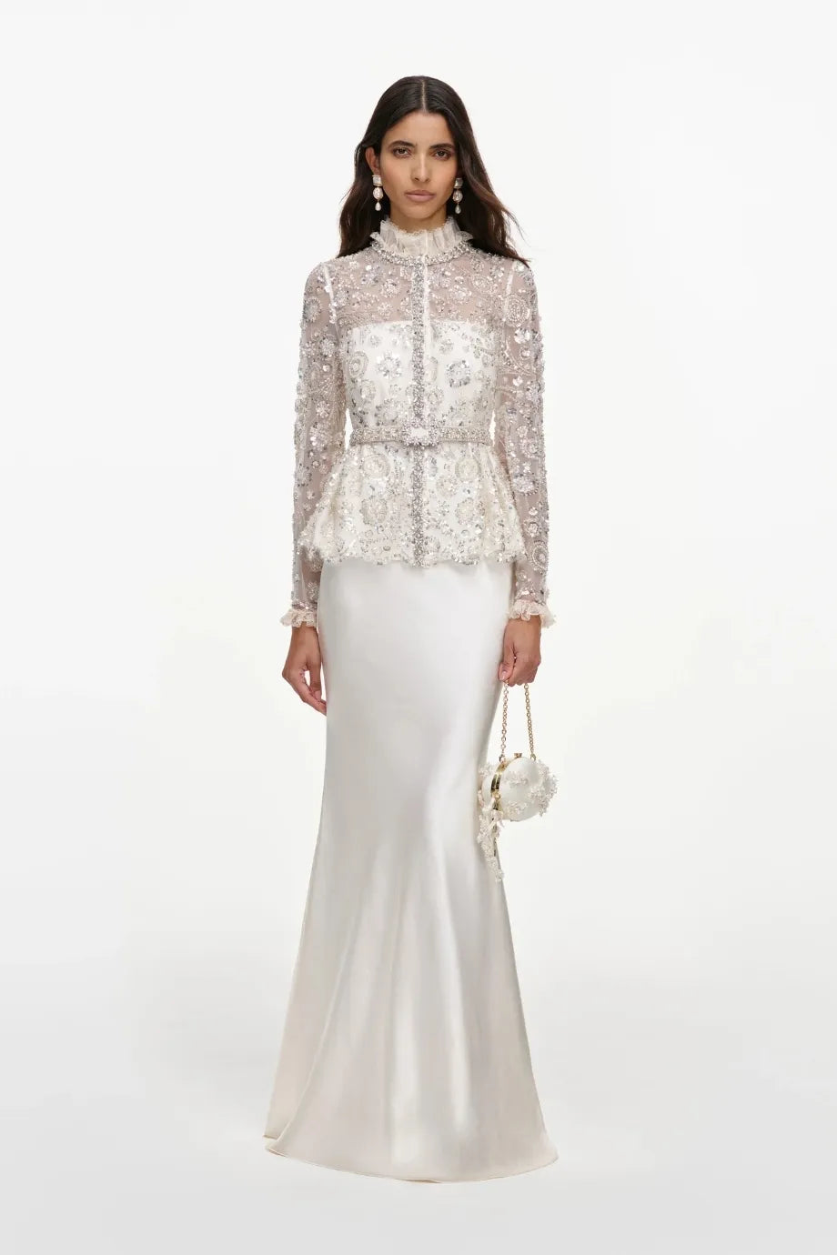 Belted Sequins Embellished Satin Maxi Dress in Cream