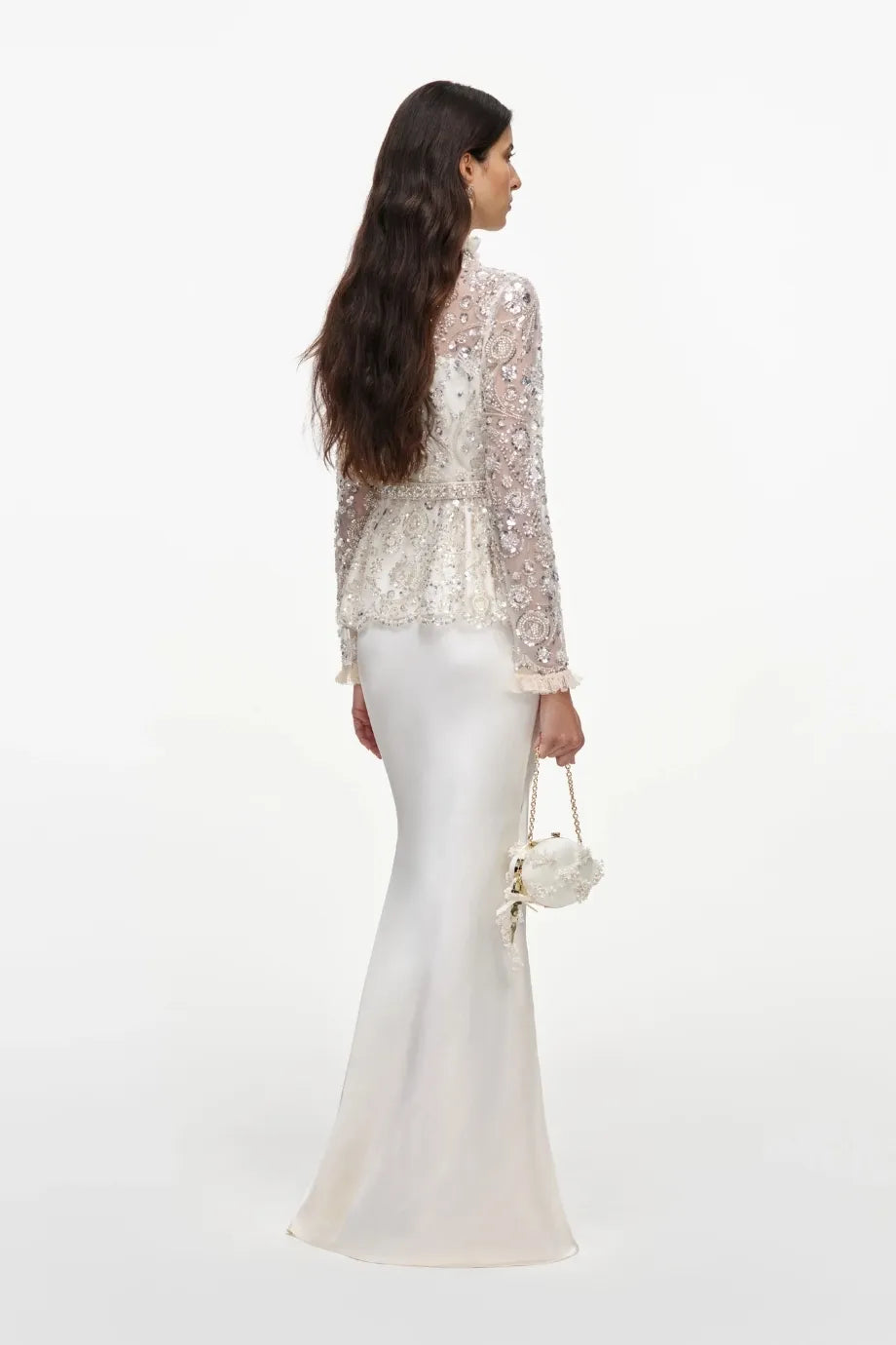 Belted Sequins Embellished Satin Maxi Dress in Cream