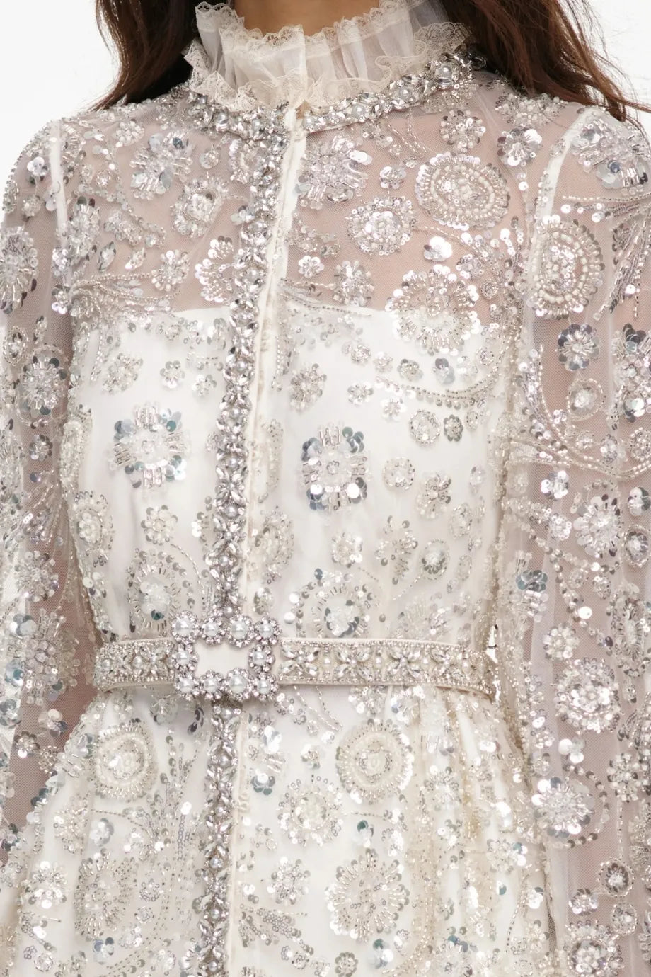 Belted Sequins Embellished Satin Maxi Dress in Cream