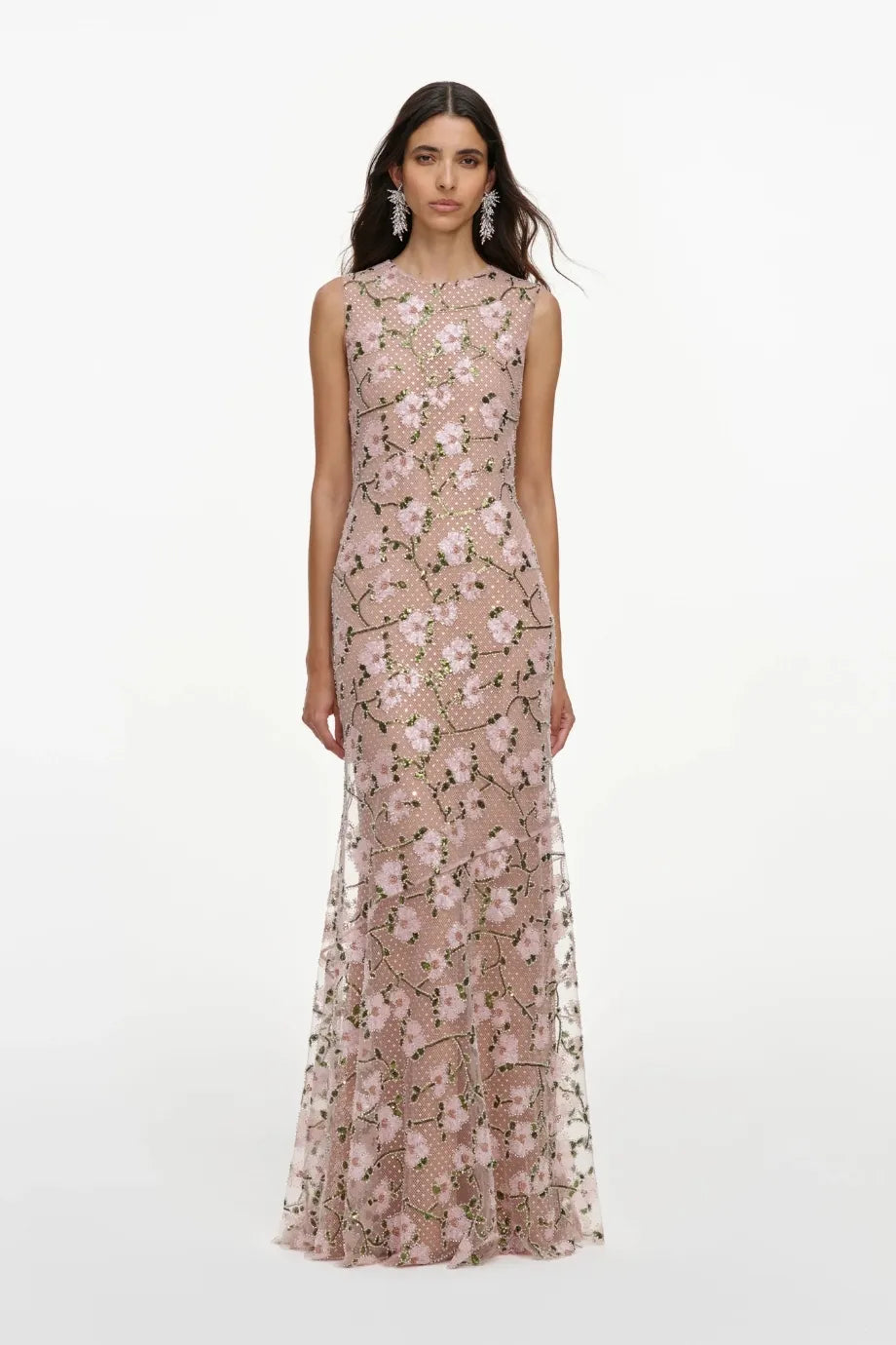 Floral Rhinestones Sequins Mesh Maxi Dress in Pink
