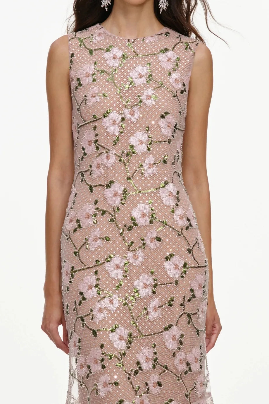 Floral Rhinestones Sequins Mesh Maxi Dress in Pink