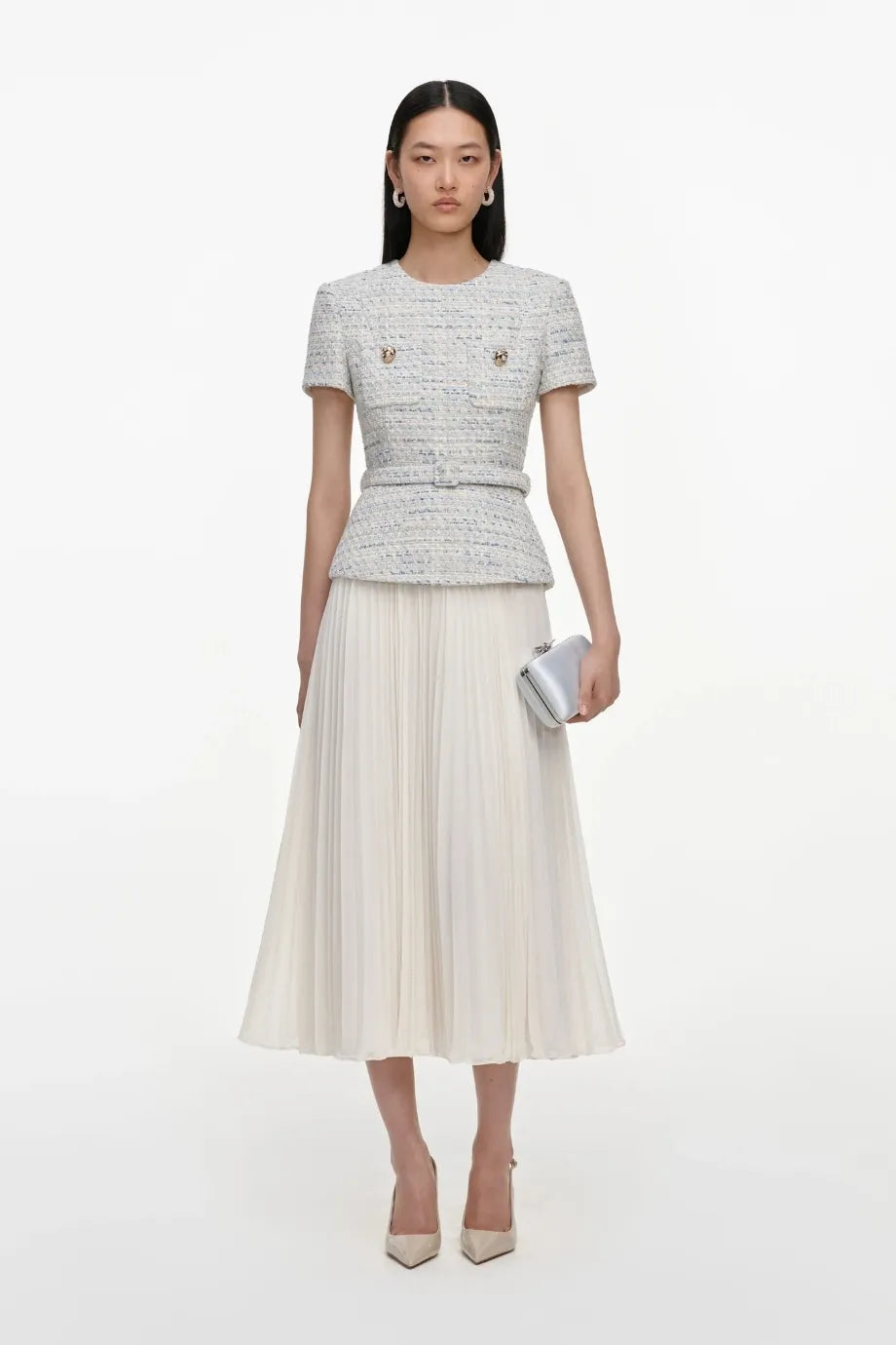 Boucle Chiffon Pleated Midi Dress in Blue