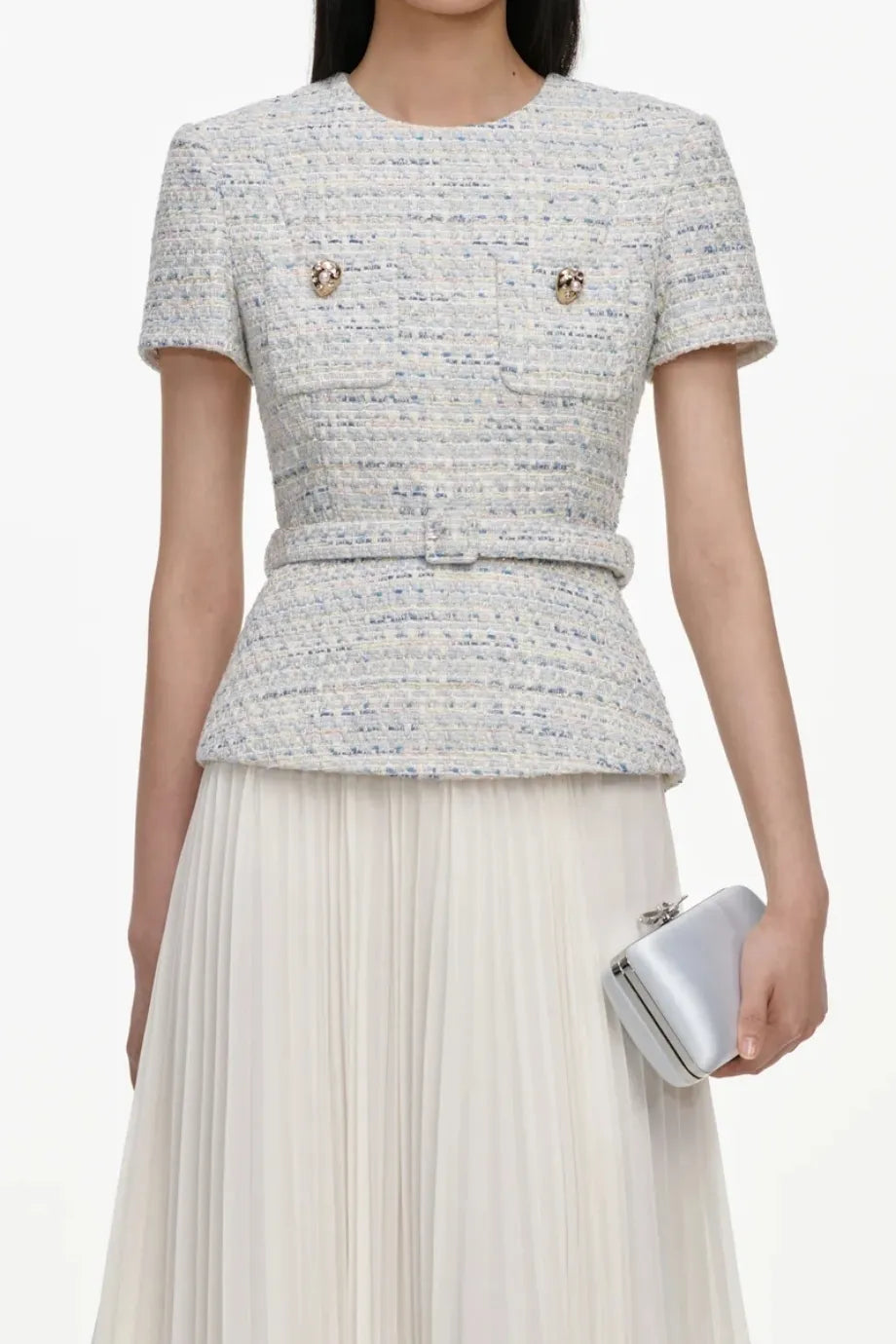 Boucle Chiffon Pleated Midi Dress in Blue