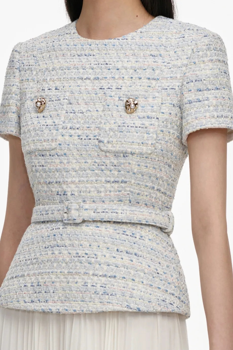 Boucle Chiffon Pleated Midi Dress in Blue