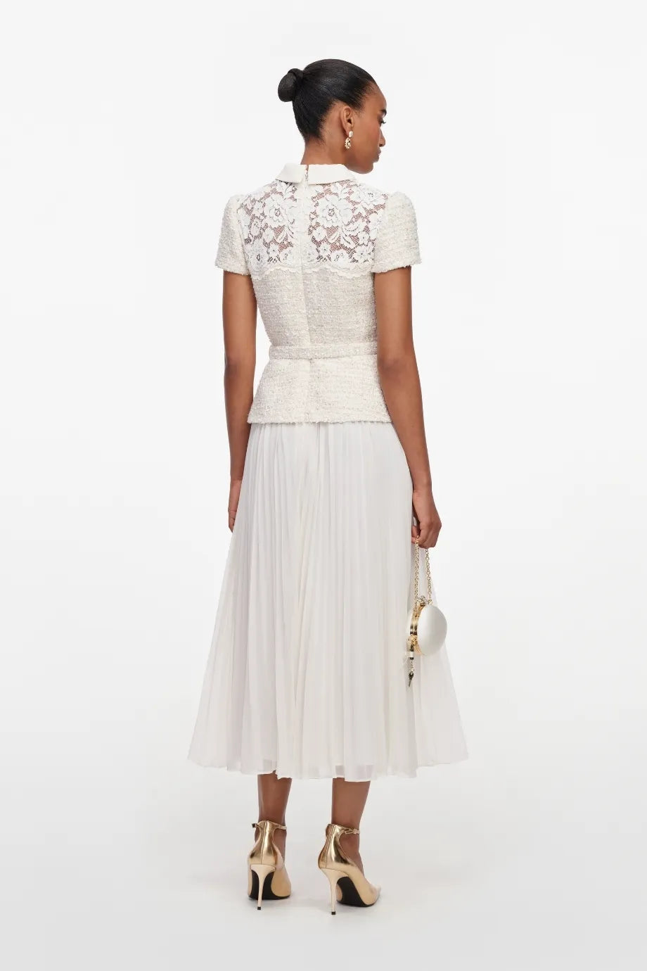 Belted Lace Boucle Midi Dress in Cream