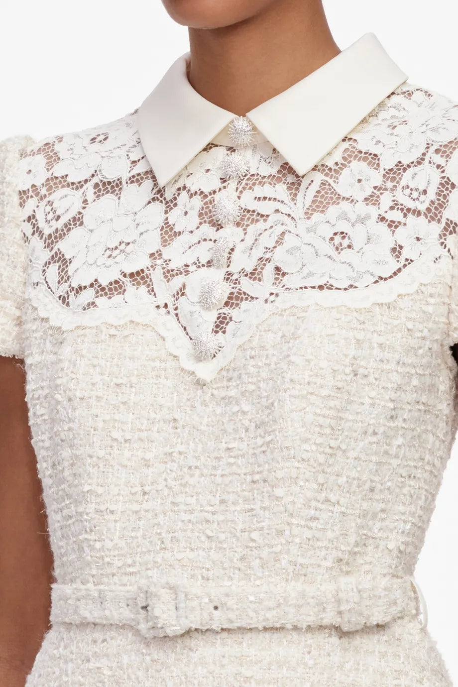 Belted Lace Boucle Midi Dress in Cream