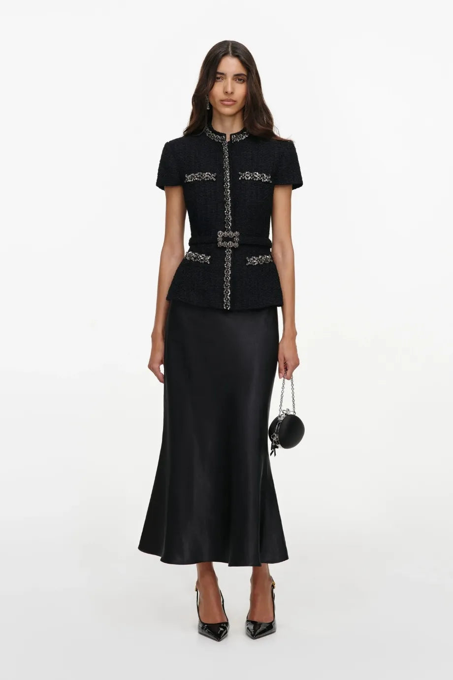 Boucle Crystals Trim Satin Midi Dress in Black