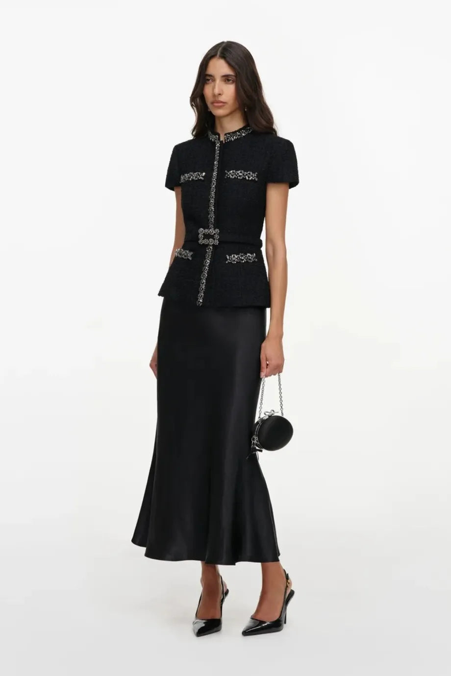 Boucle Crystals Trim Satin Midi Dress in Black