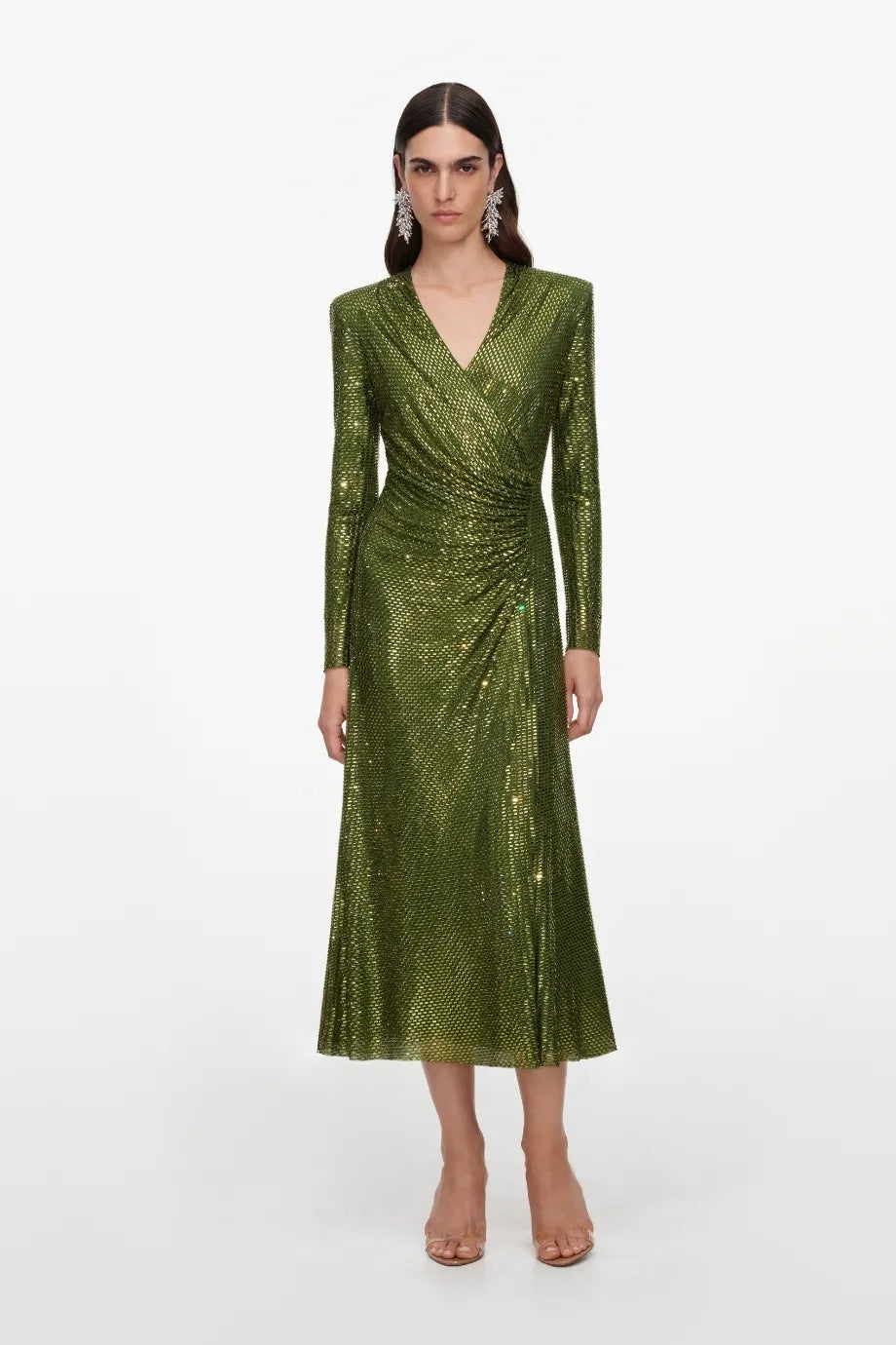 Rhinestones Mesh Wrap Evening Dress in Green