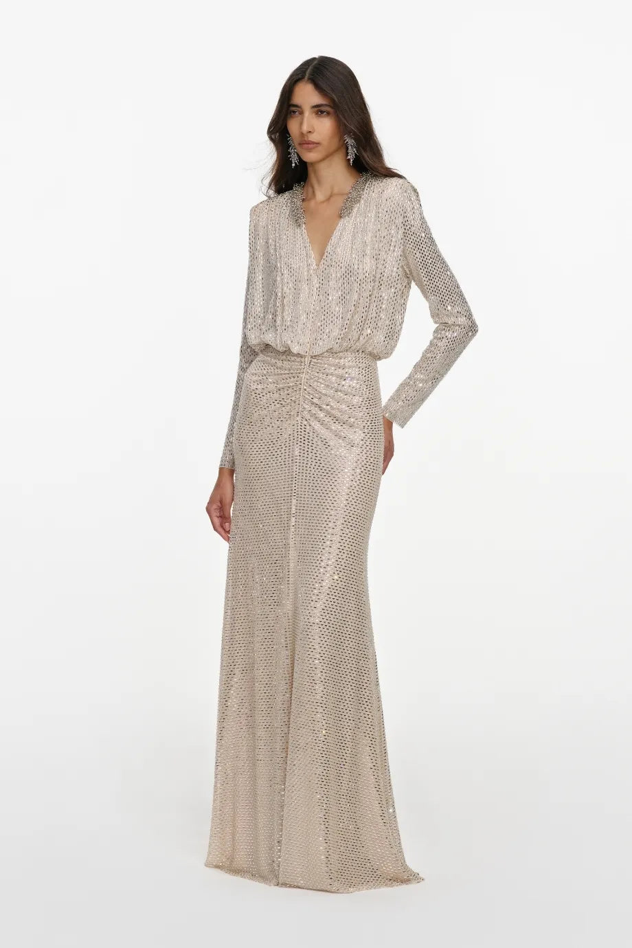 Collared Rhinestones Embellished Evening Dress in Cream