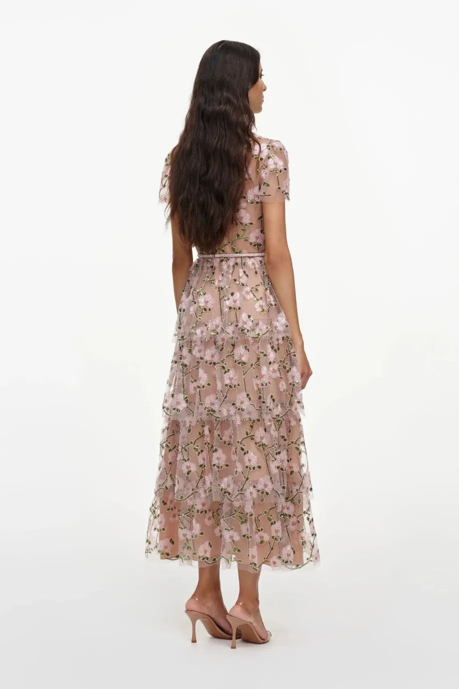 Floral Sequins Embellished Belted Tiered Midi Dress in Pink