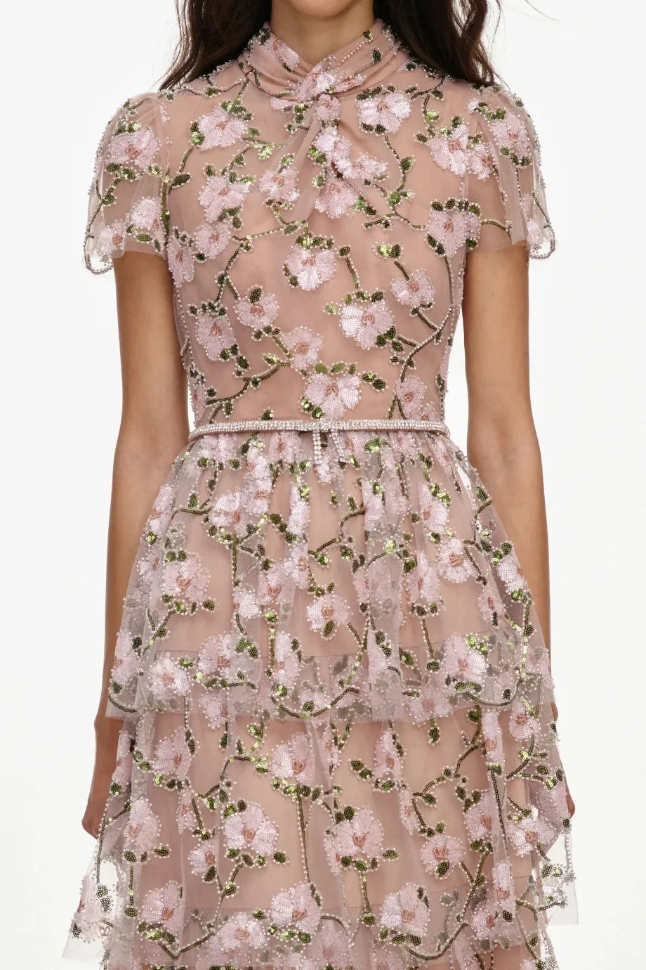 Floral Sequins Embellished Belted Tiered Midi Dress in Pink