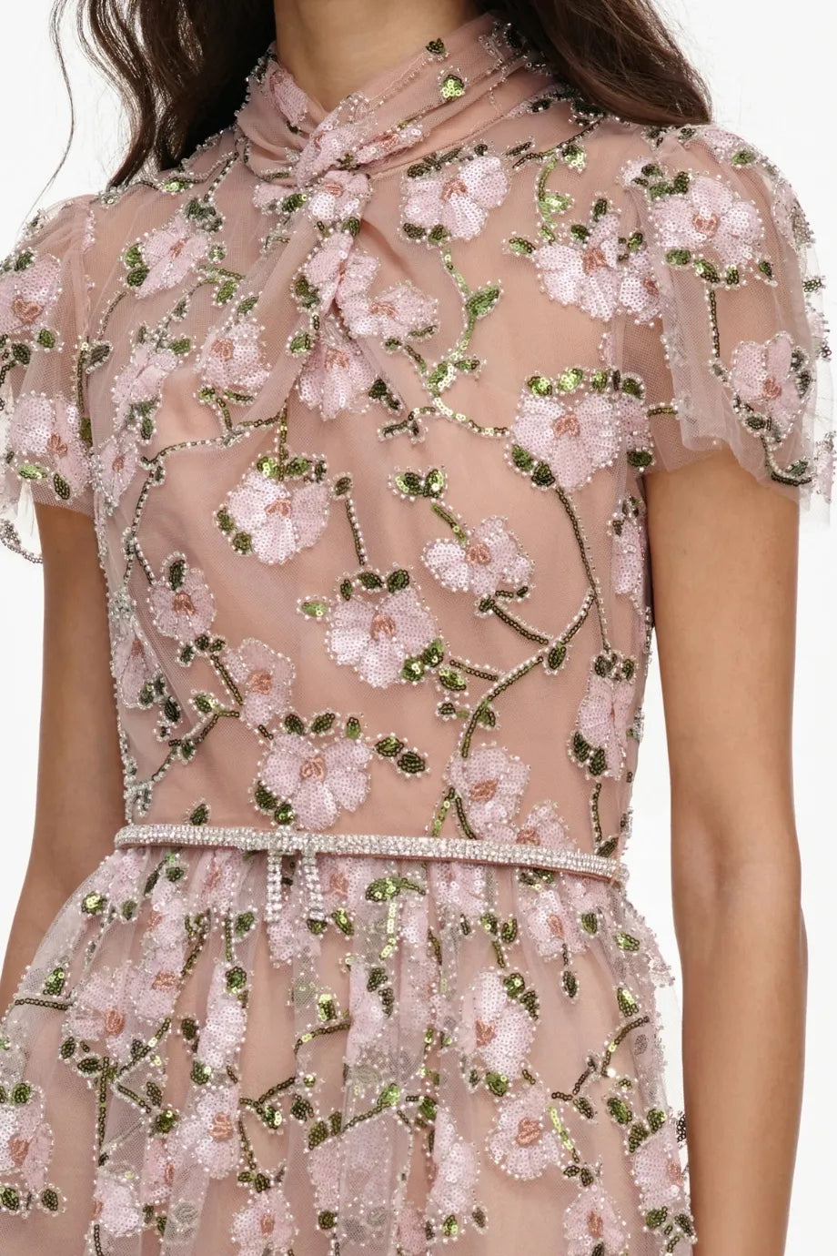 Floral Sequins Embellished Belted Tiered Midi Dress in Pink