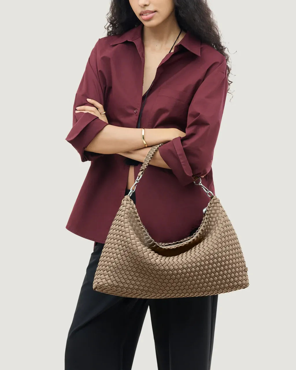Porto Half Moon Woven Clutch Bag in Brown