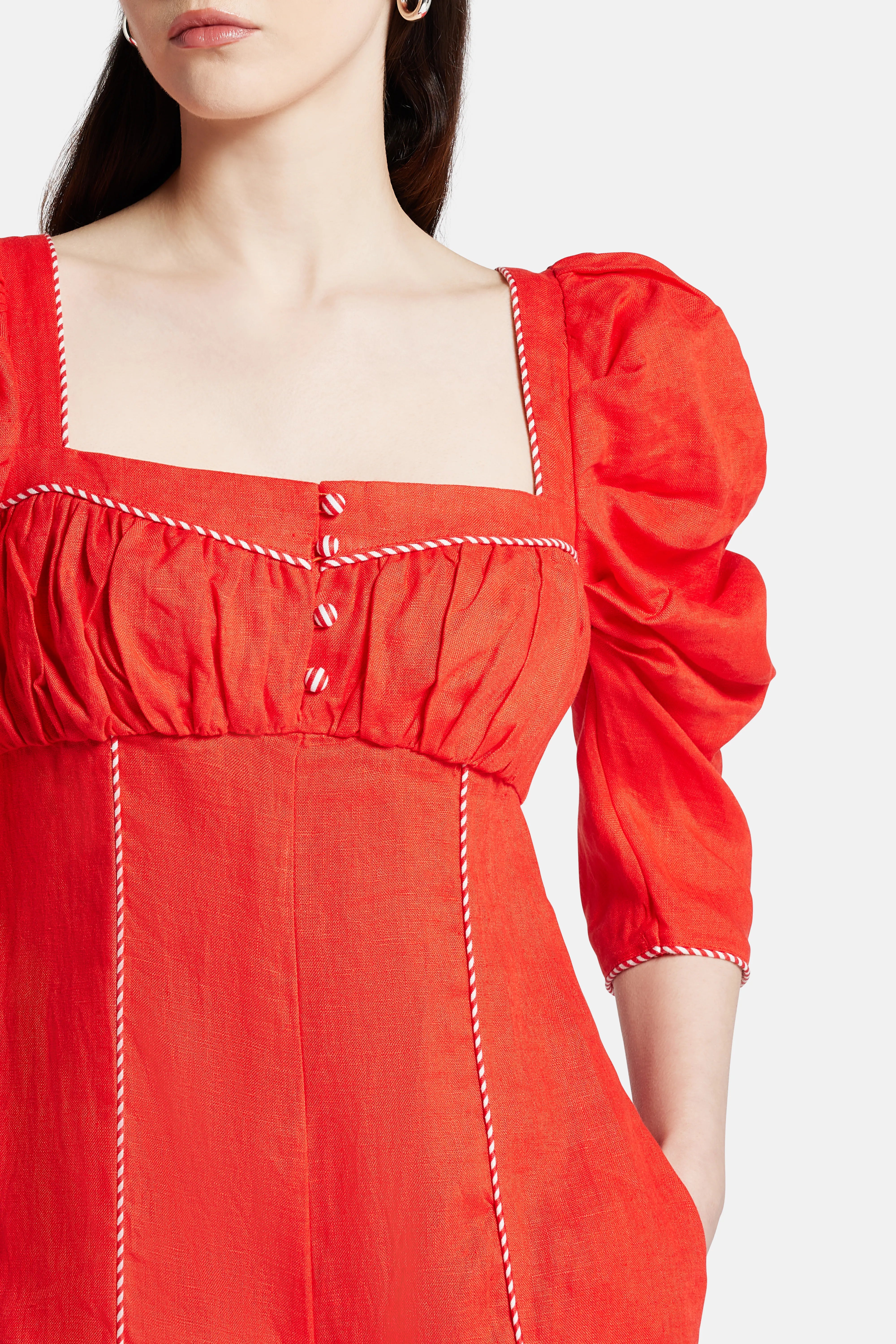 Straight Neckline Puff Sleeves Cotton Mini Jumpsuit in Red