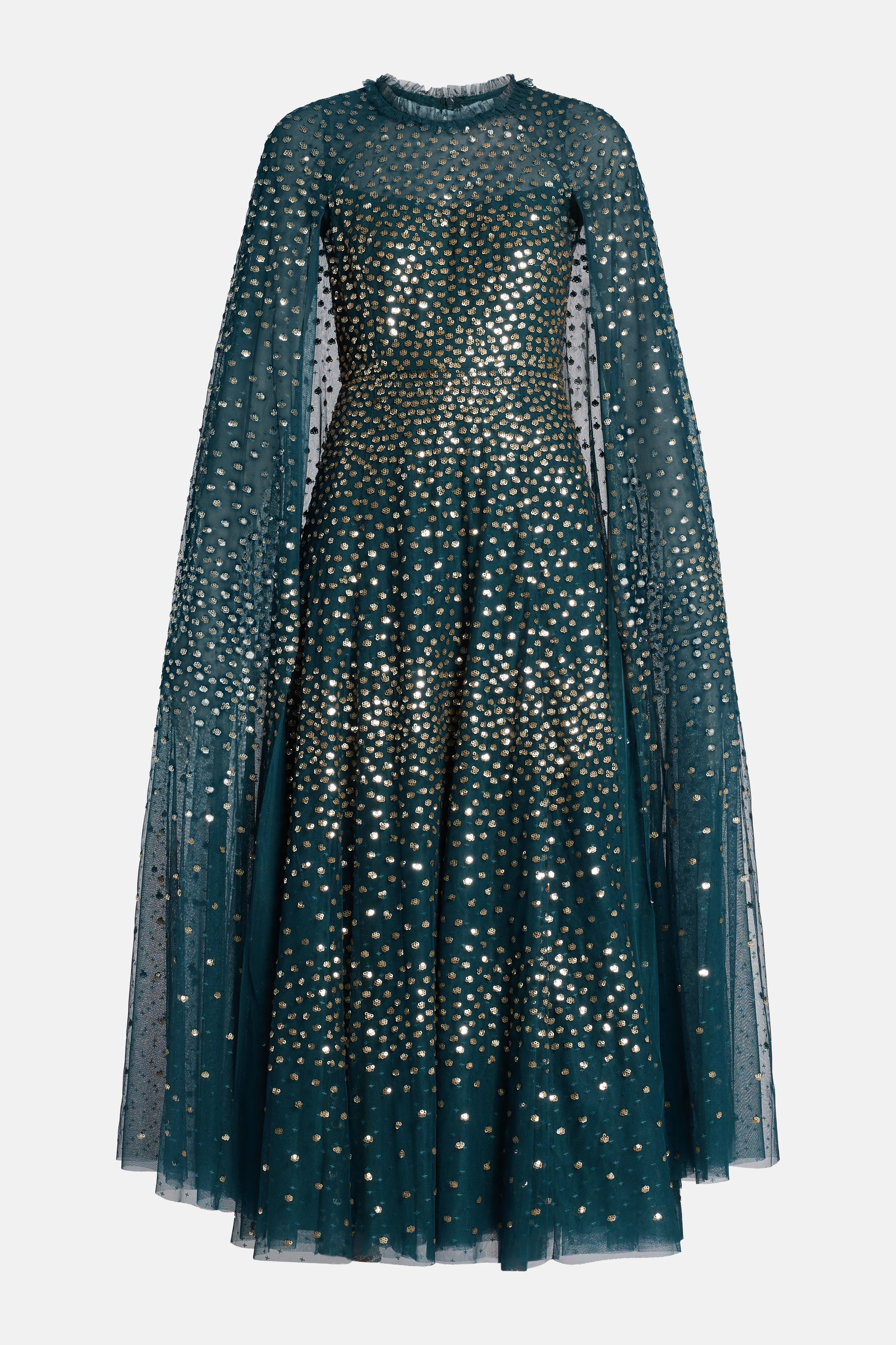 Scatter Dot Sequin Cape Evening Dress in Green