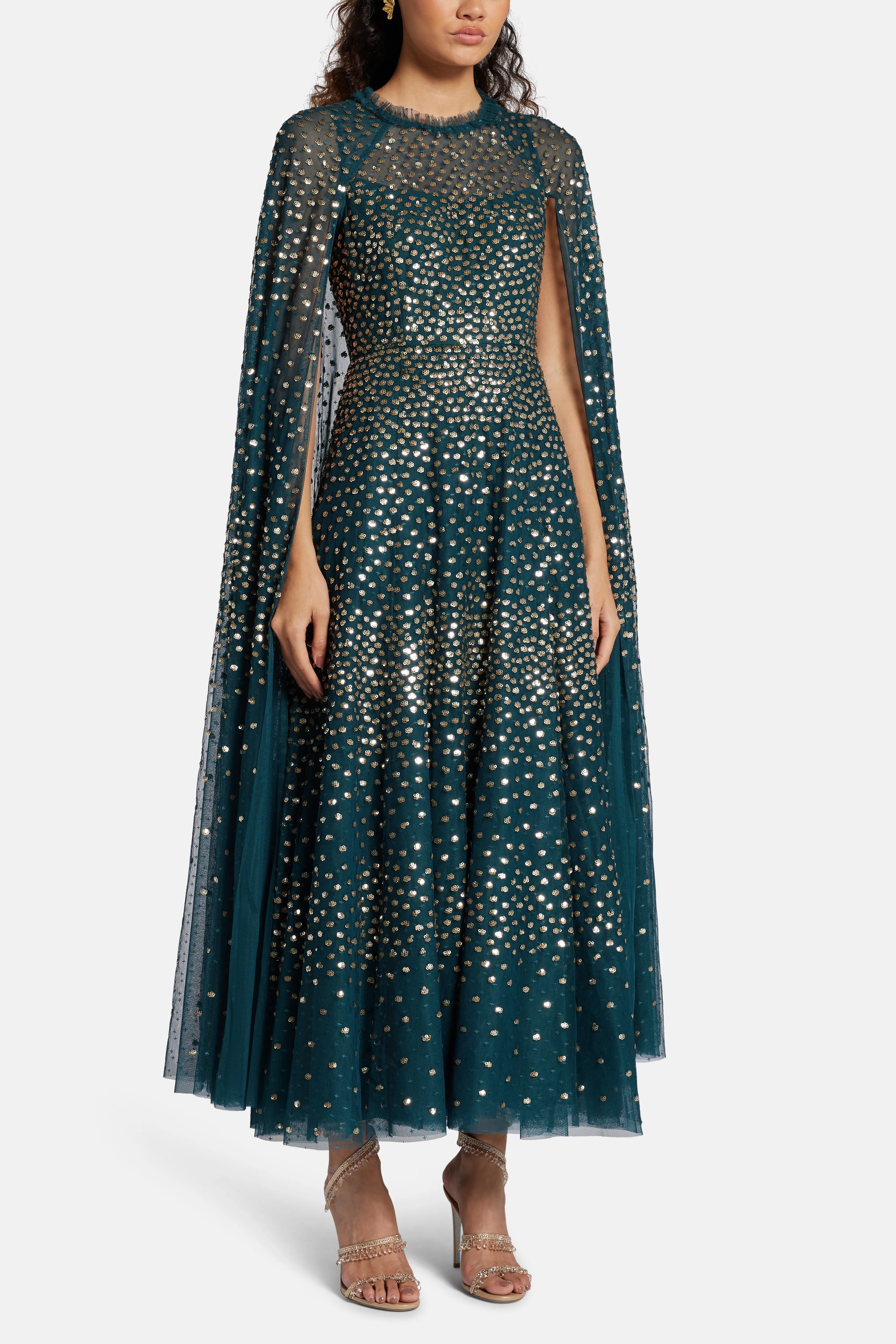 Scatter Dot Sequin Cape Evening Dress in Green