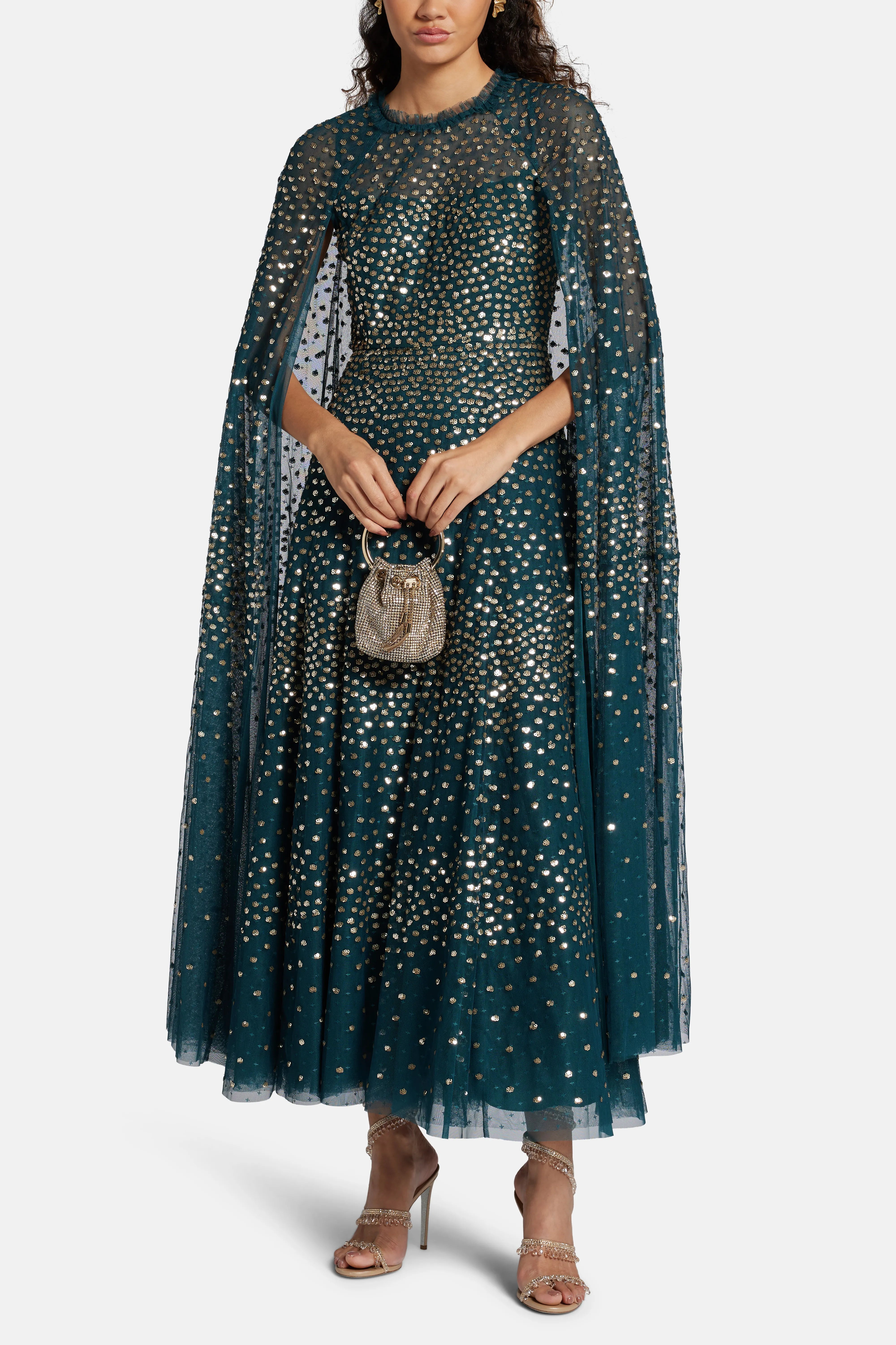 Scatter Dot Sequin Cape Evening Dress in Green