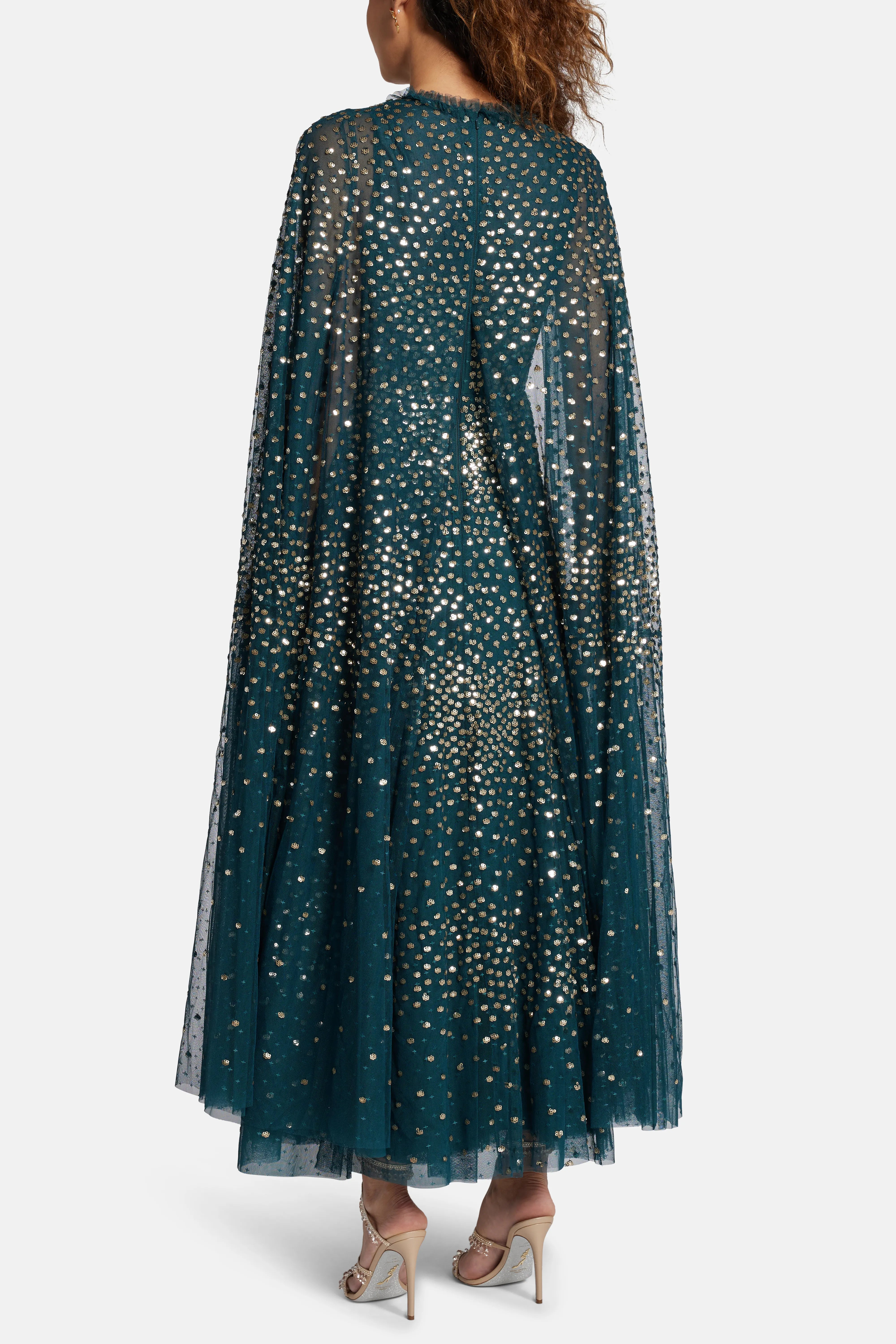 Scatter Dot Sequin Cape Evening Dress in Green