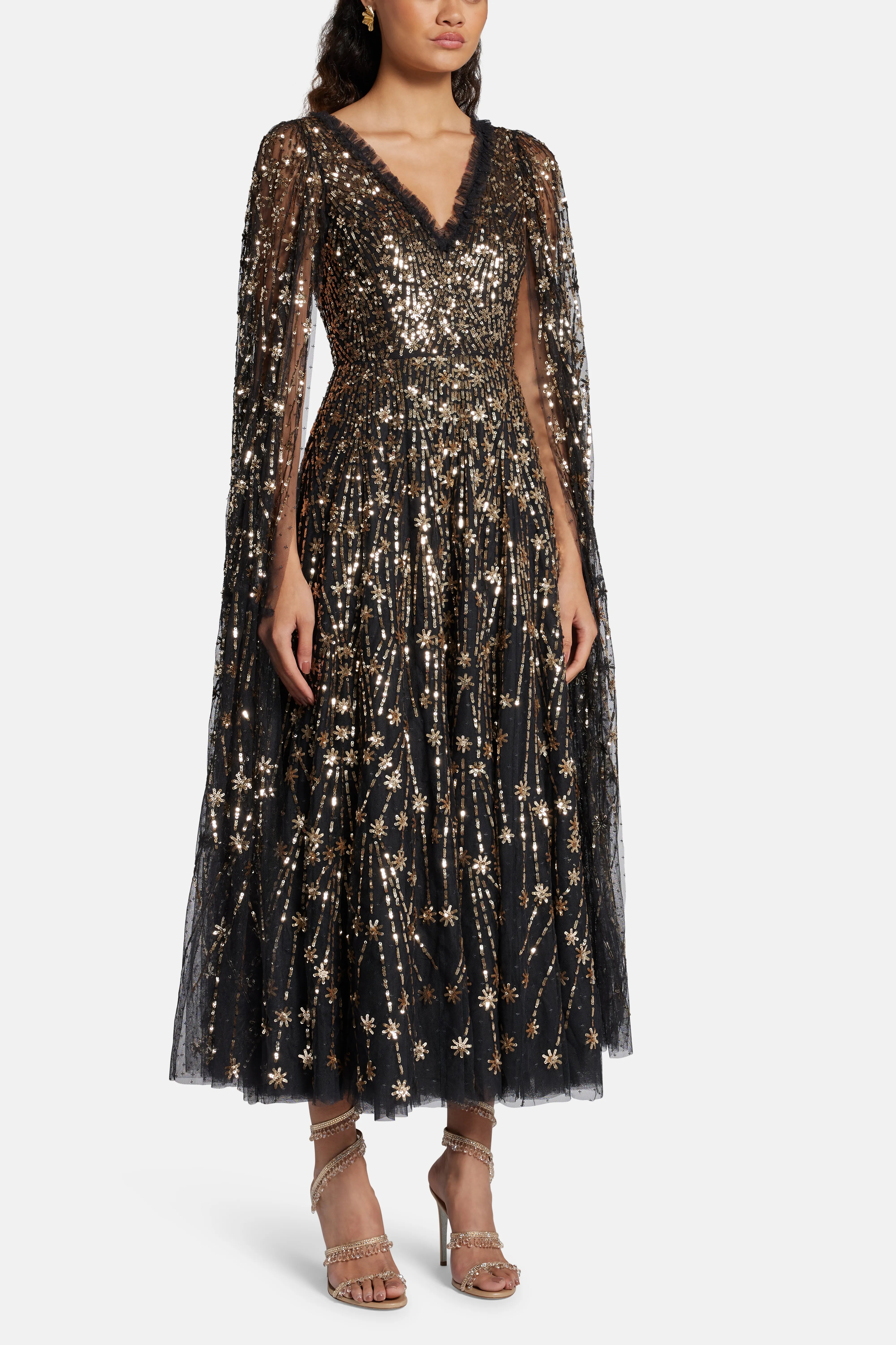 Comet Sequin Cape Evening Dress in Black