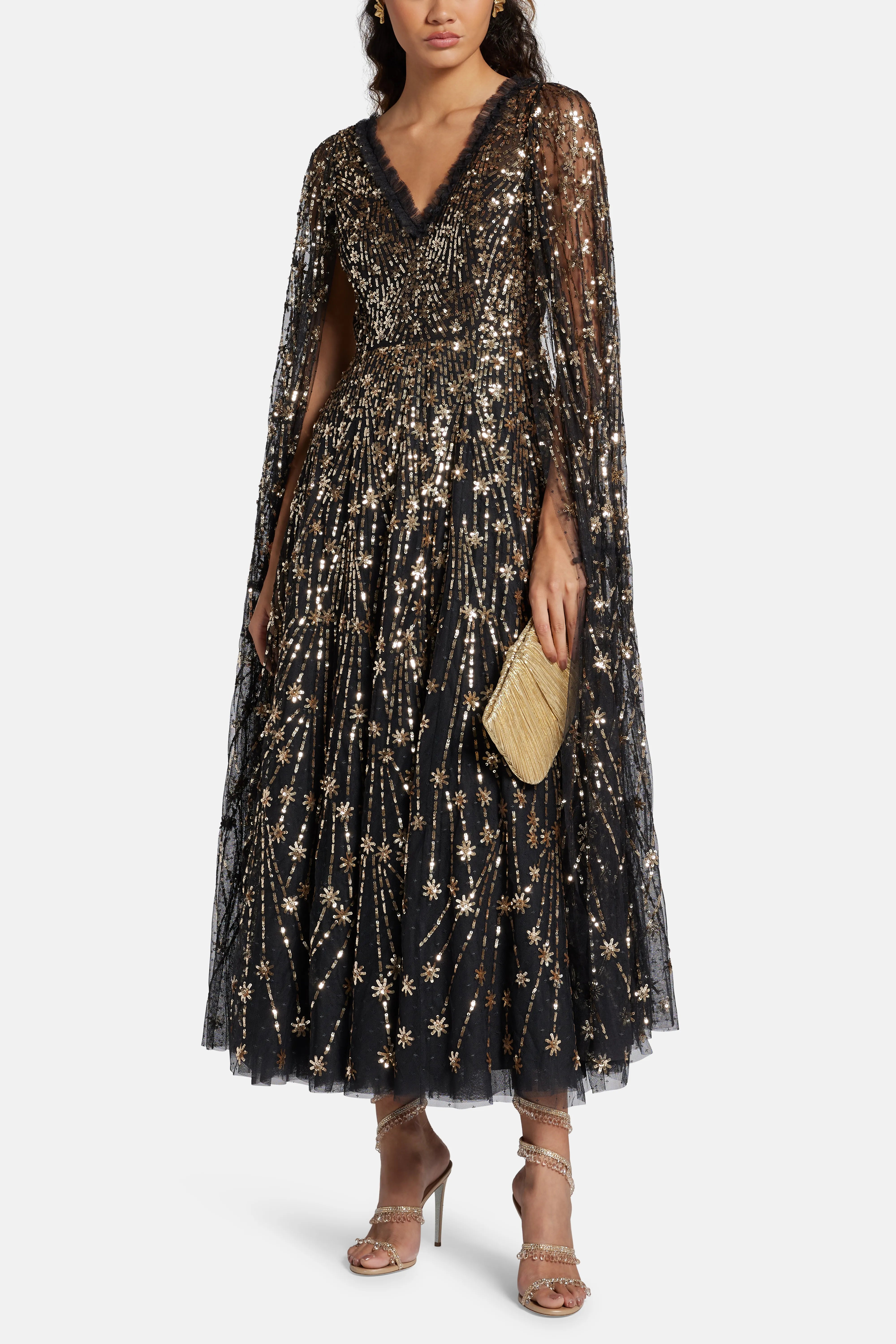 Comet Sequin Cape Evening Dress in Black