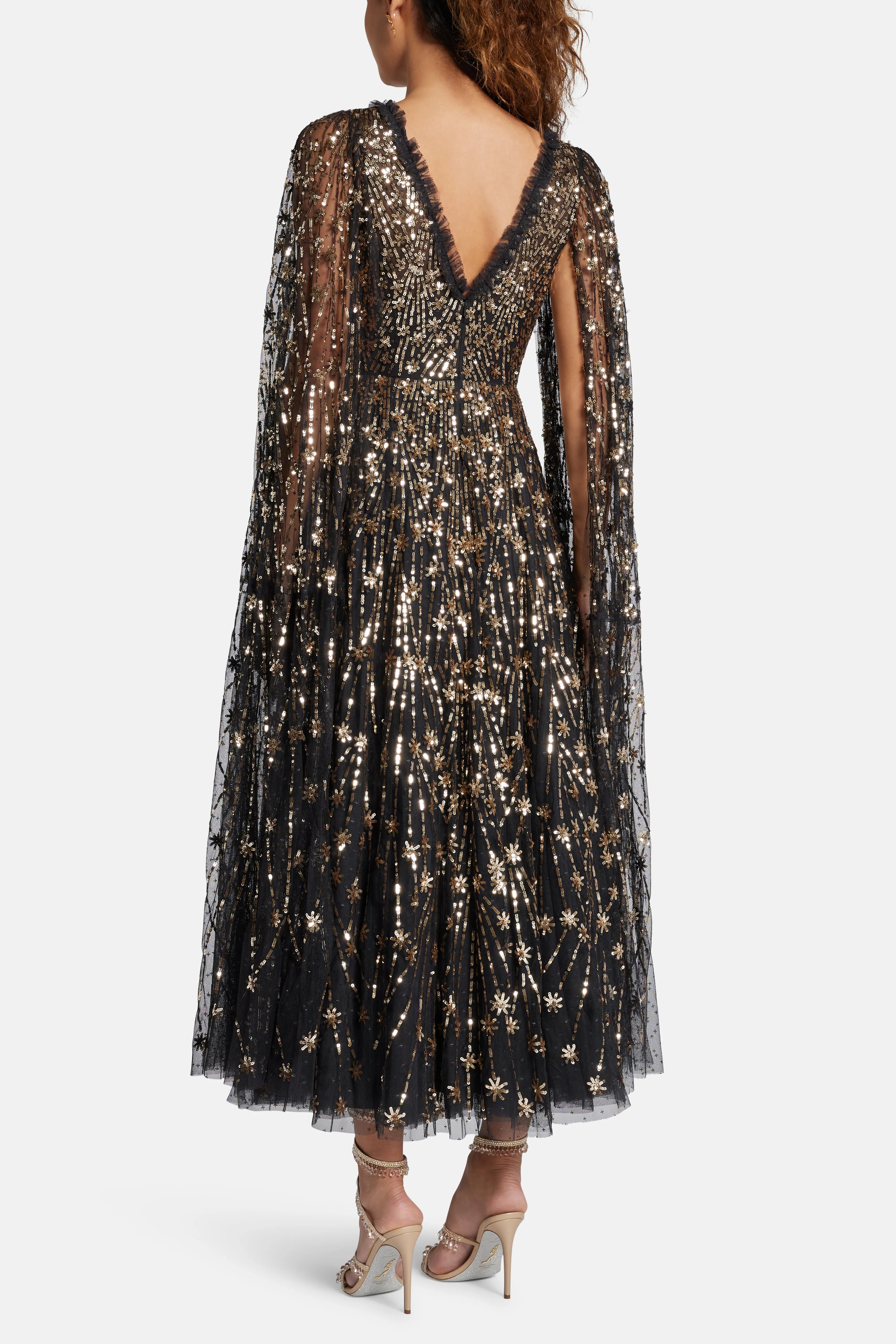 Comet Sequin Cape Evening Dress in Black