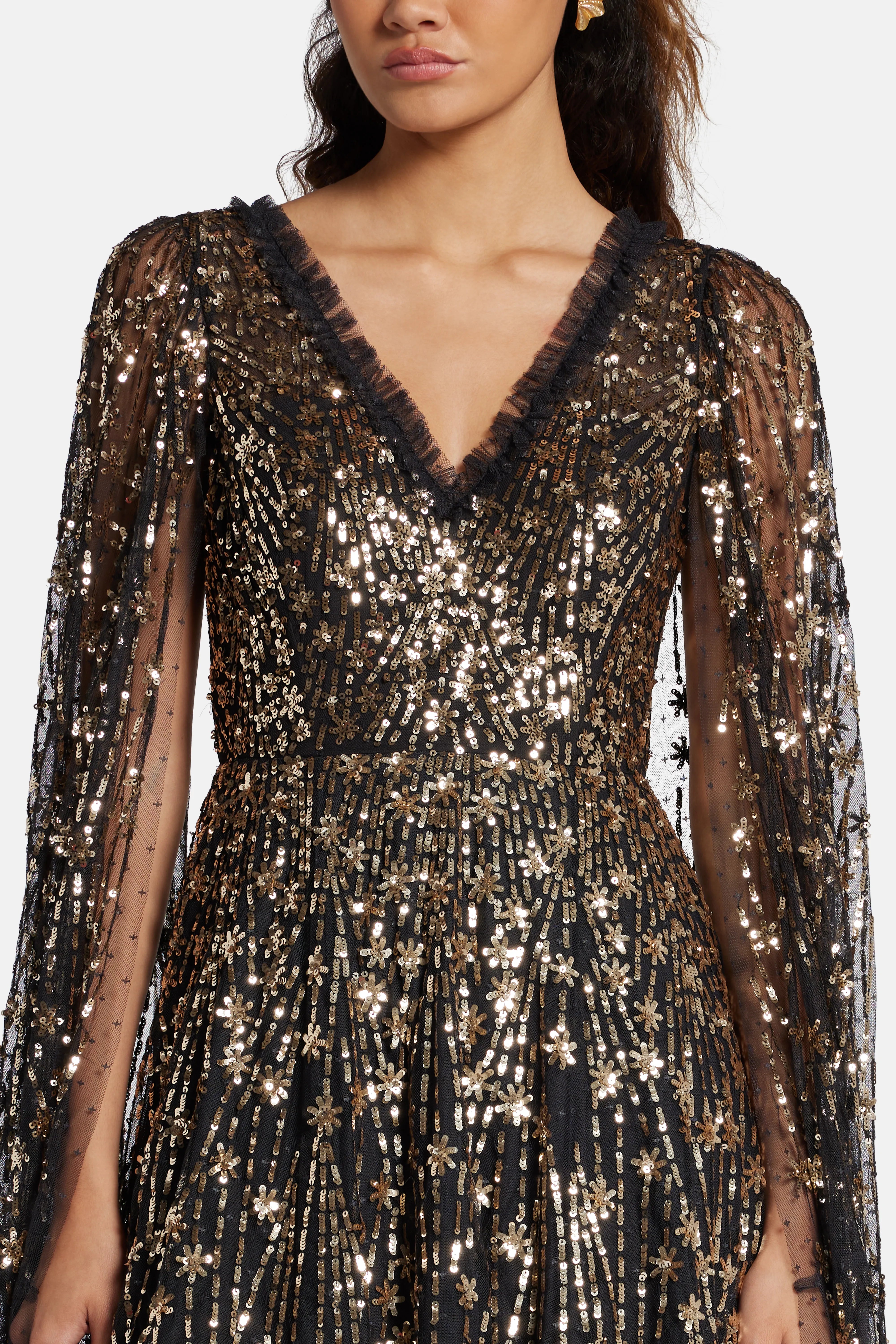 Comet Sequin Cape Evening Dress in Black