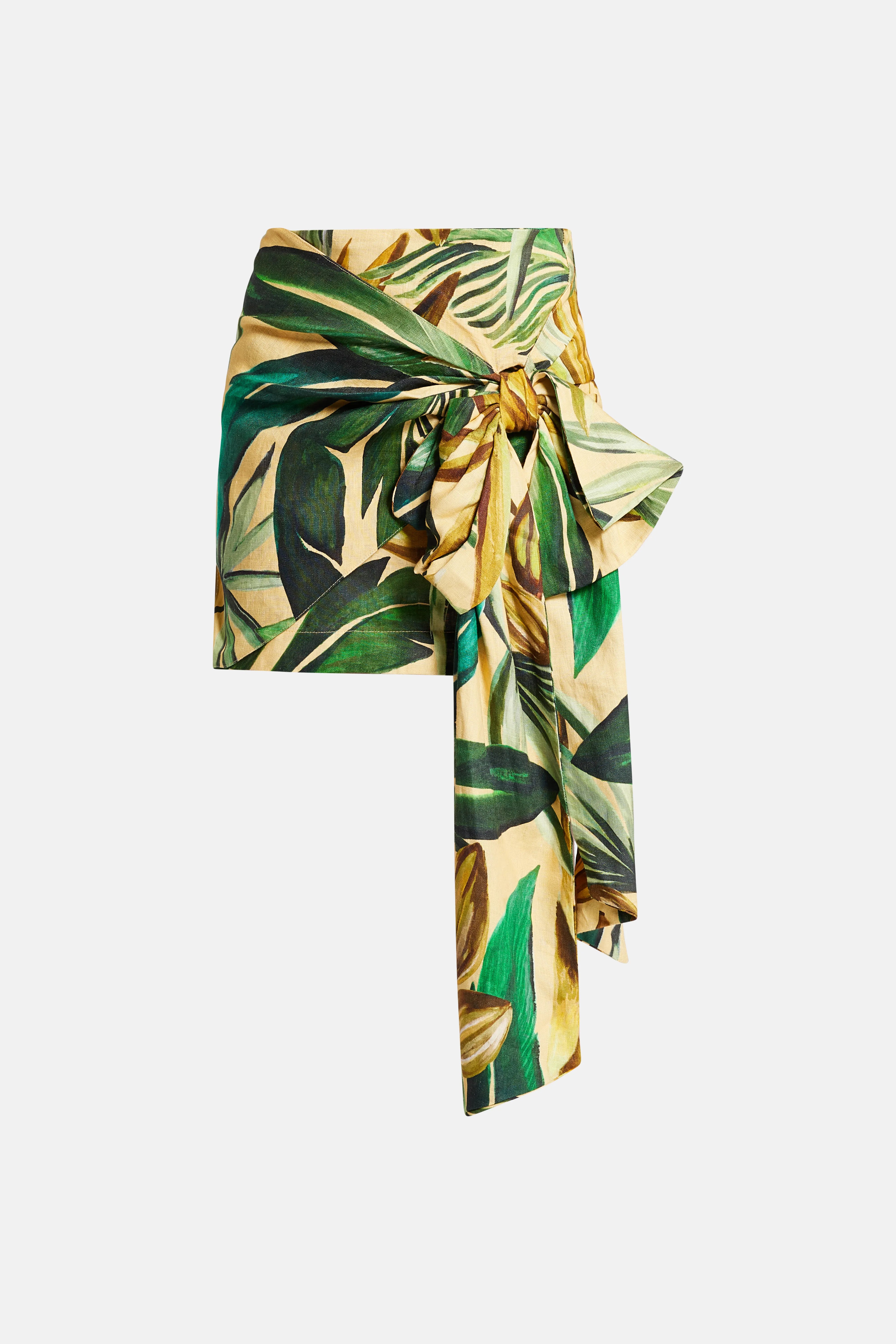 Banana Art Tie Gathering Mini Skirt in Yellow and Green