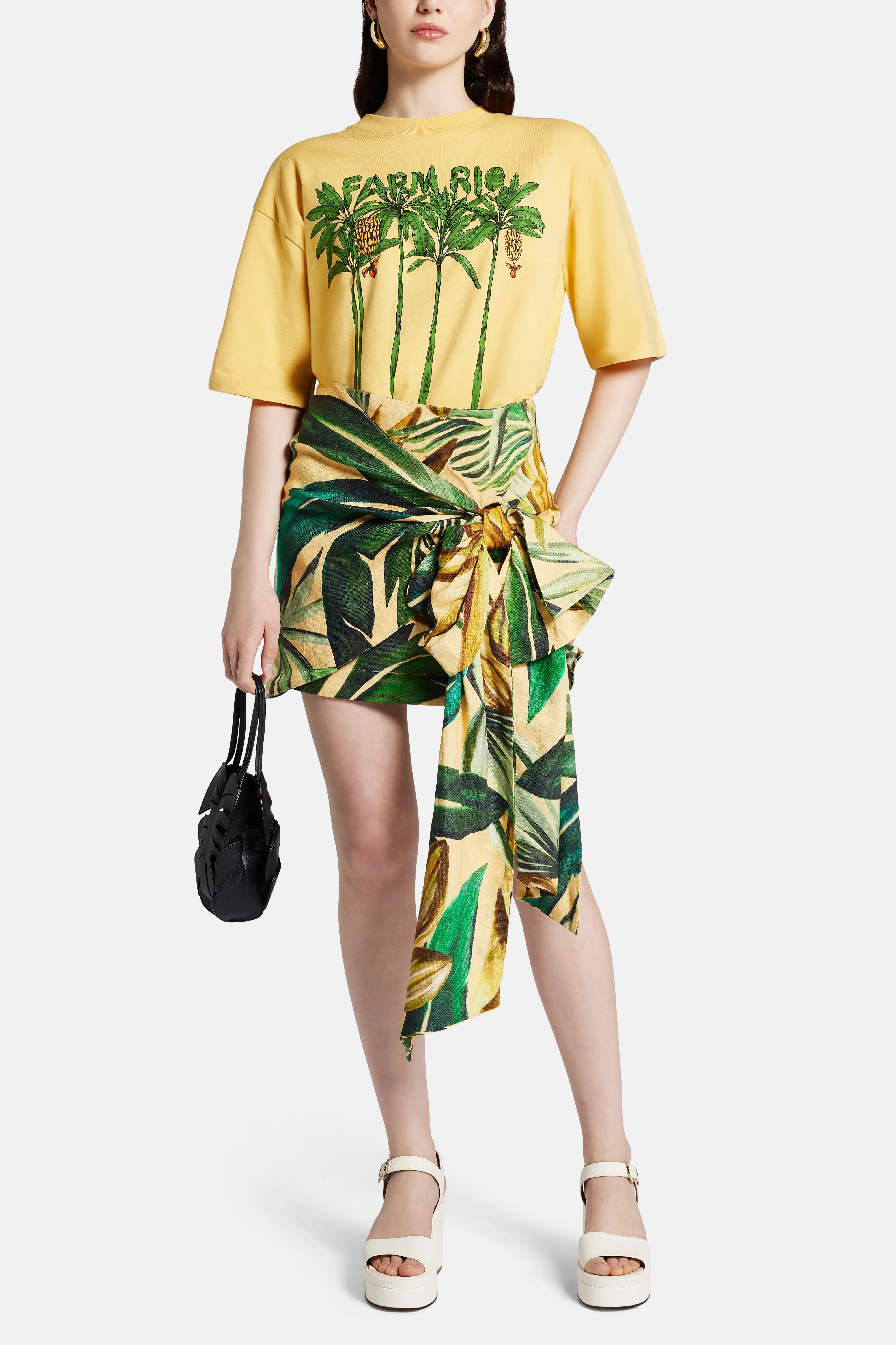 Banana Art Tie Gathering Mini Skirt in Yellow and Green