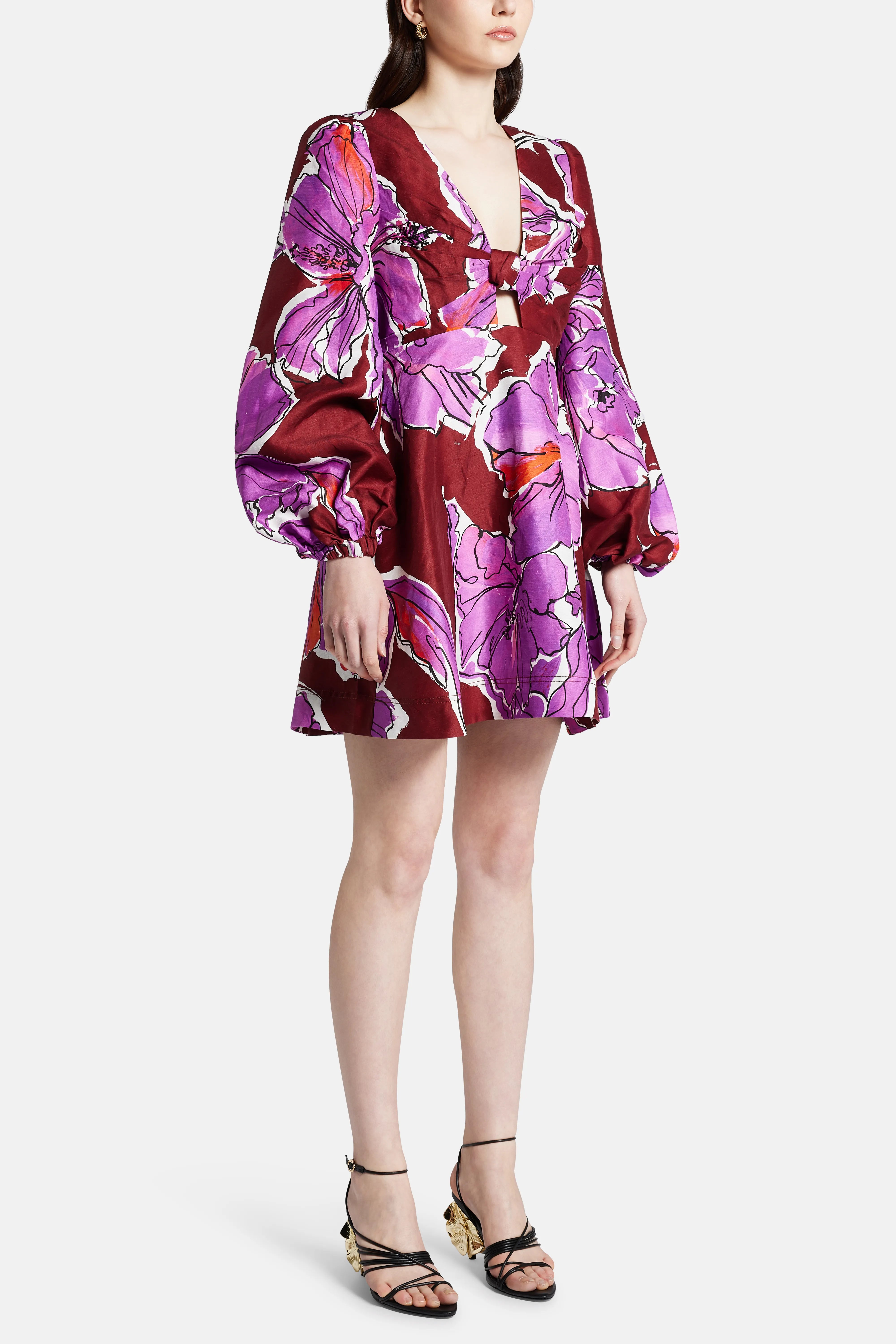 Inflorescence Floral Linen Mini Dress In Pink And Red