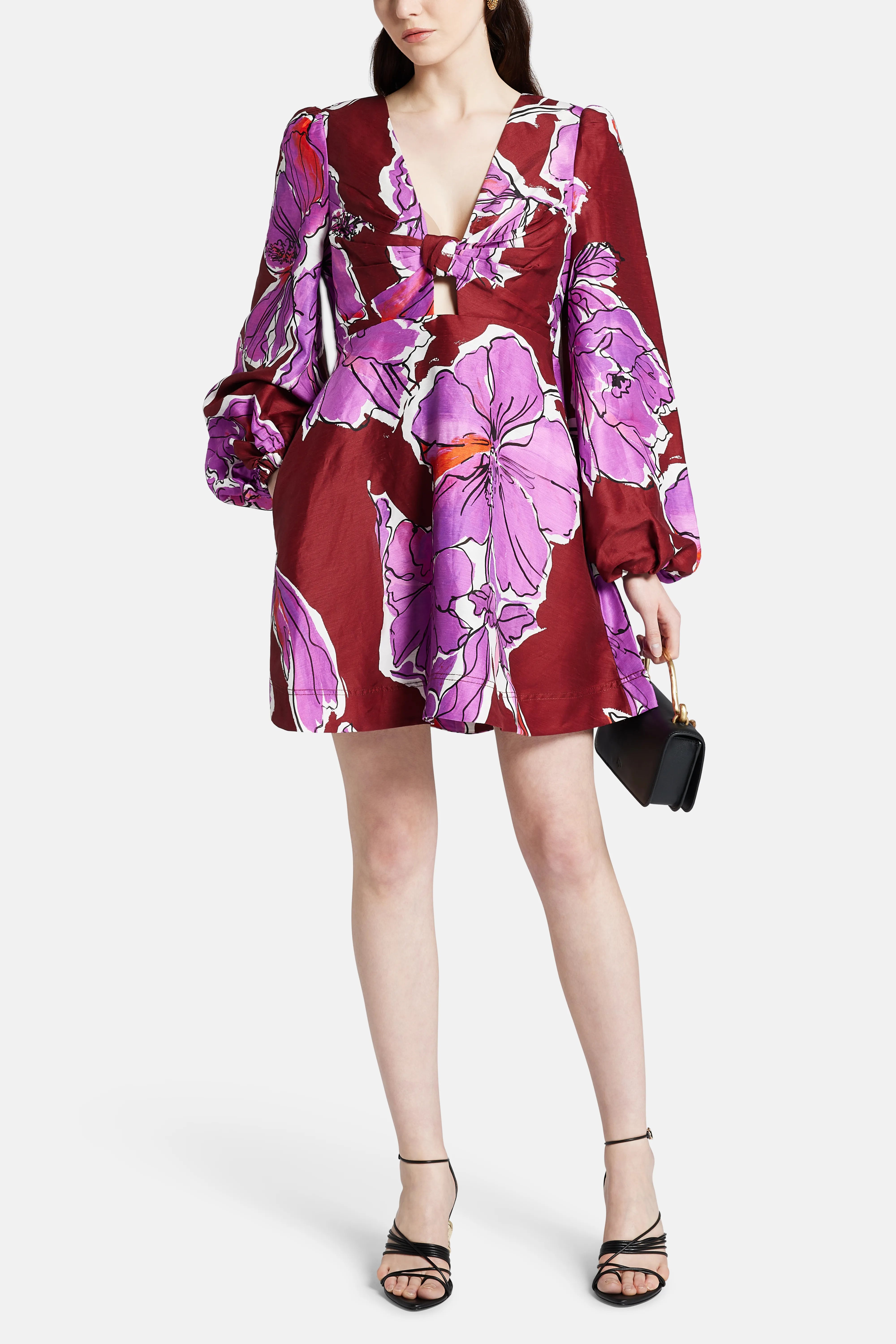 Inflorescence Floral Linen Mini Dress In Pink And Red