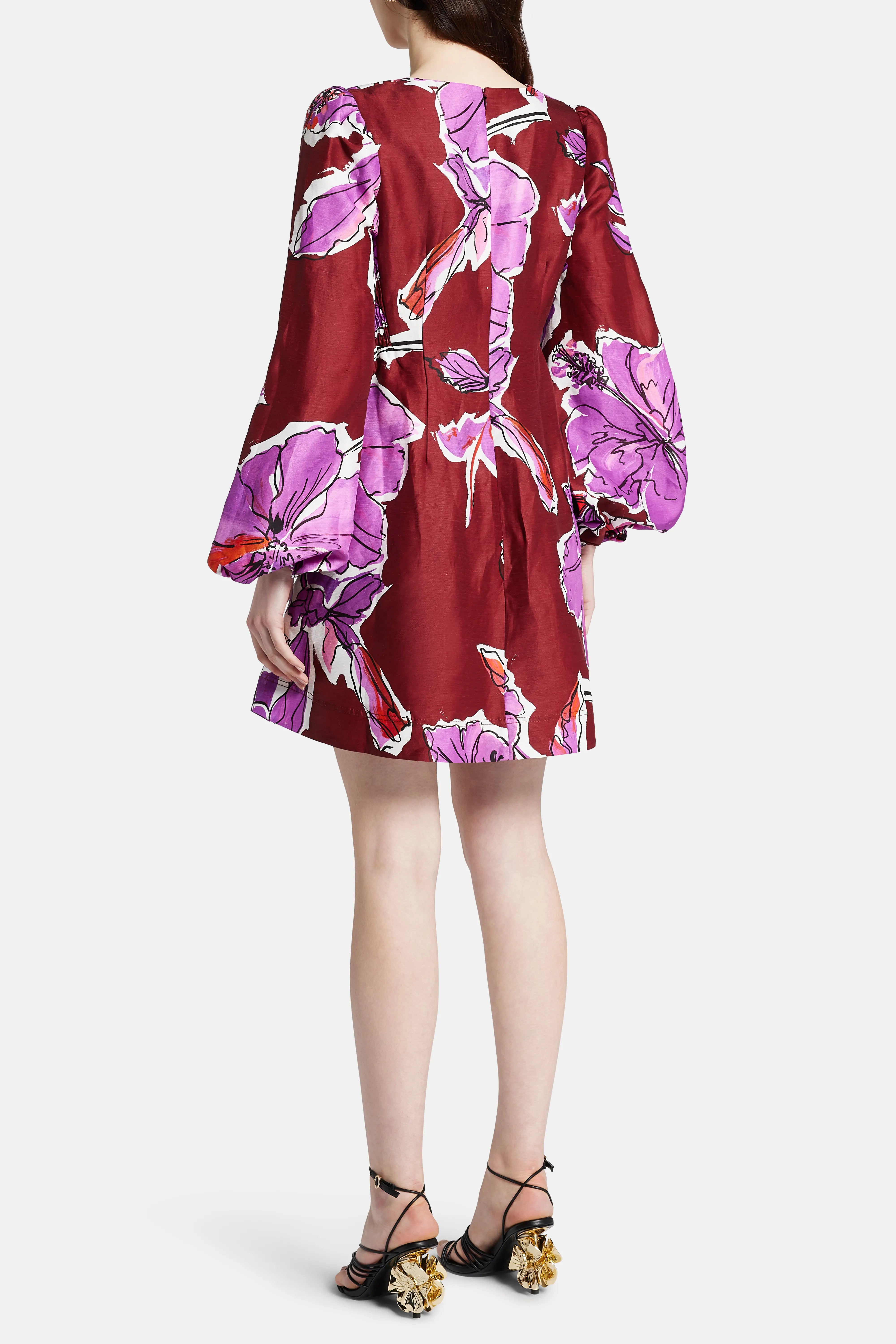 Inflorescence Floral Linen Mini Dress In Pink And Red