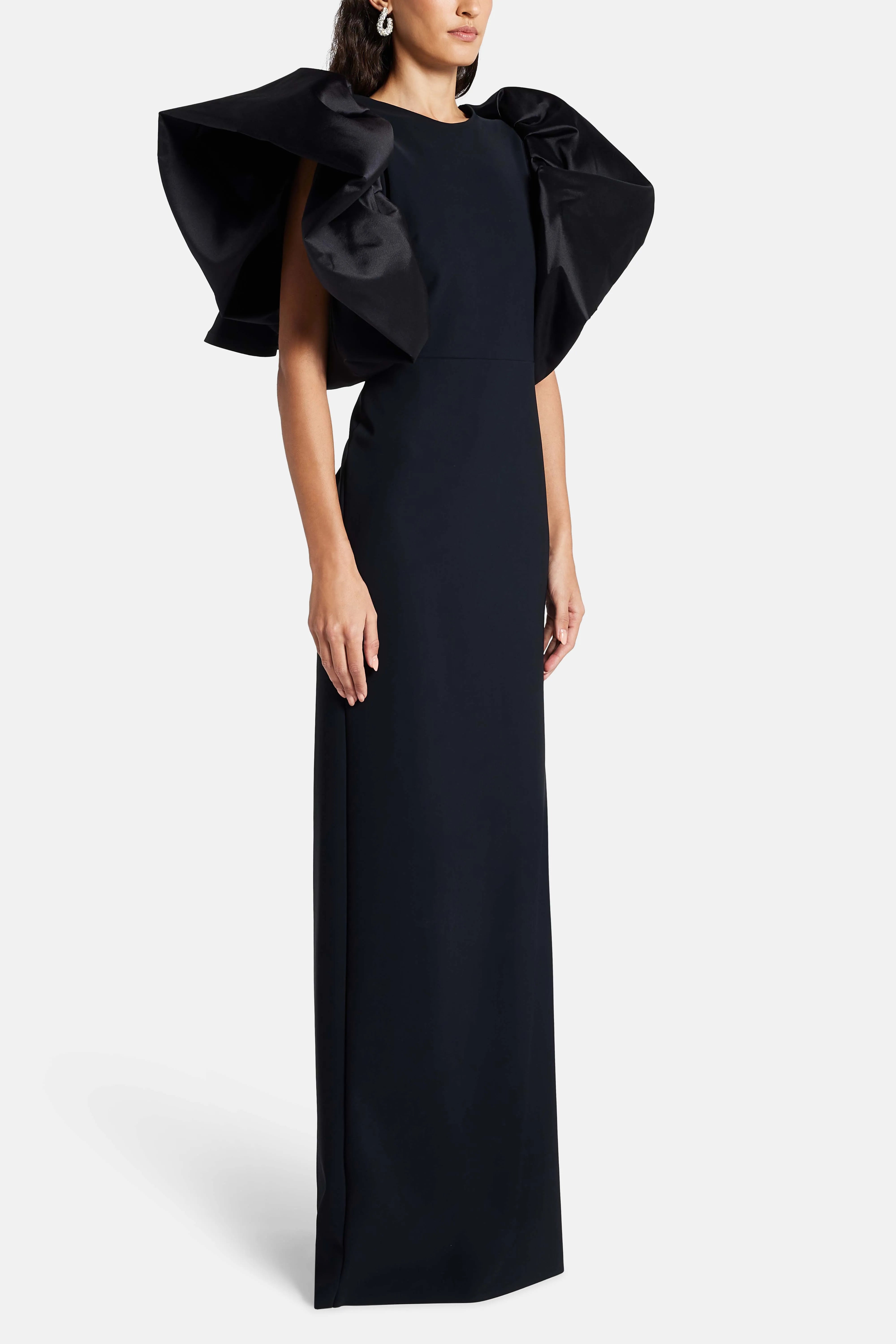 Puff Sleeves Silk Blend Evening Gown in Black