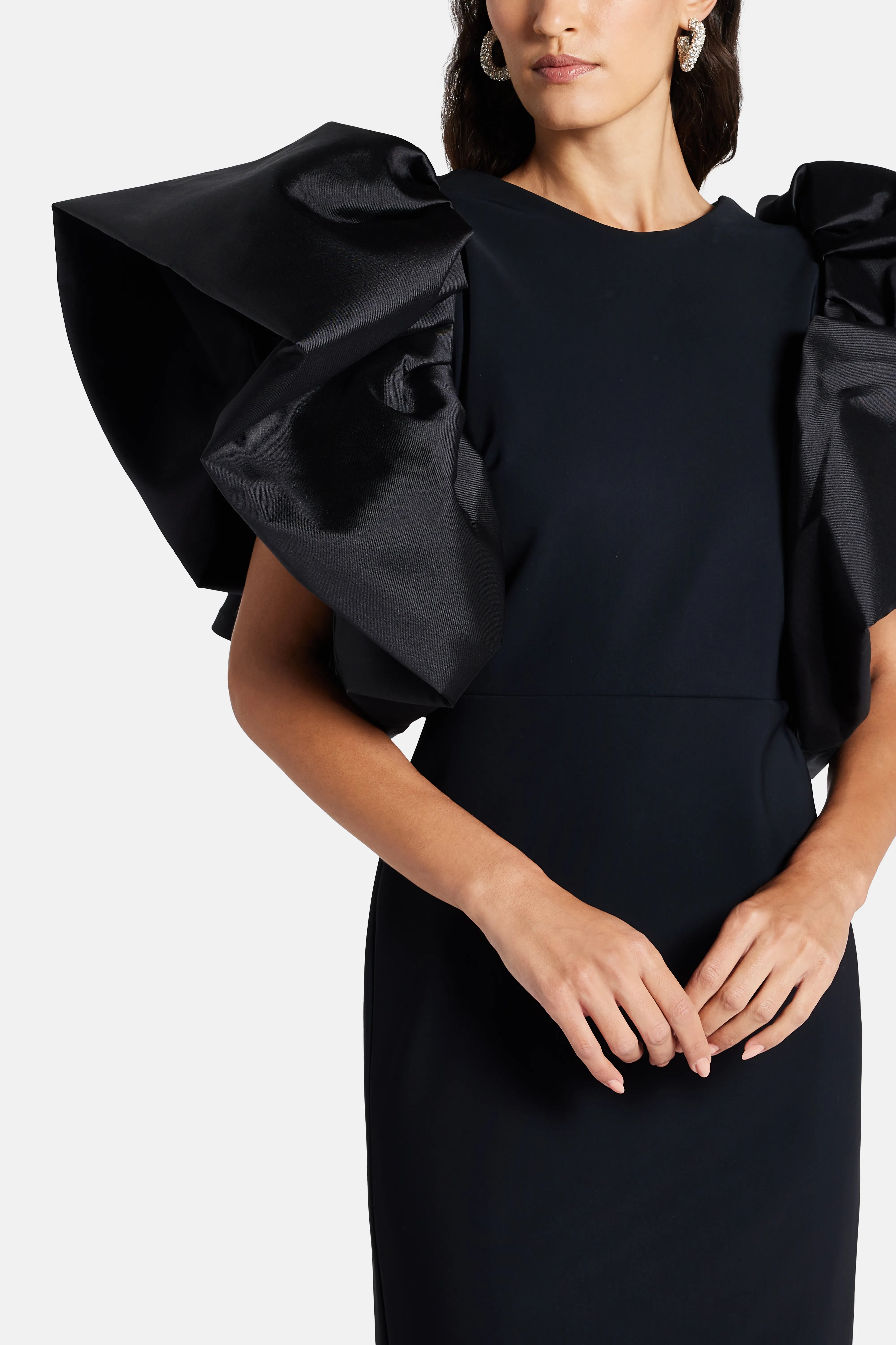 Puff Sleeves Silk Blend Evening Gown in Black