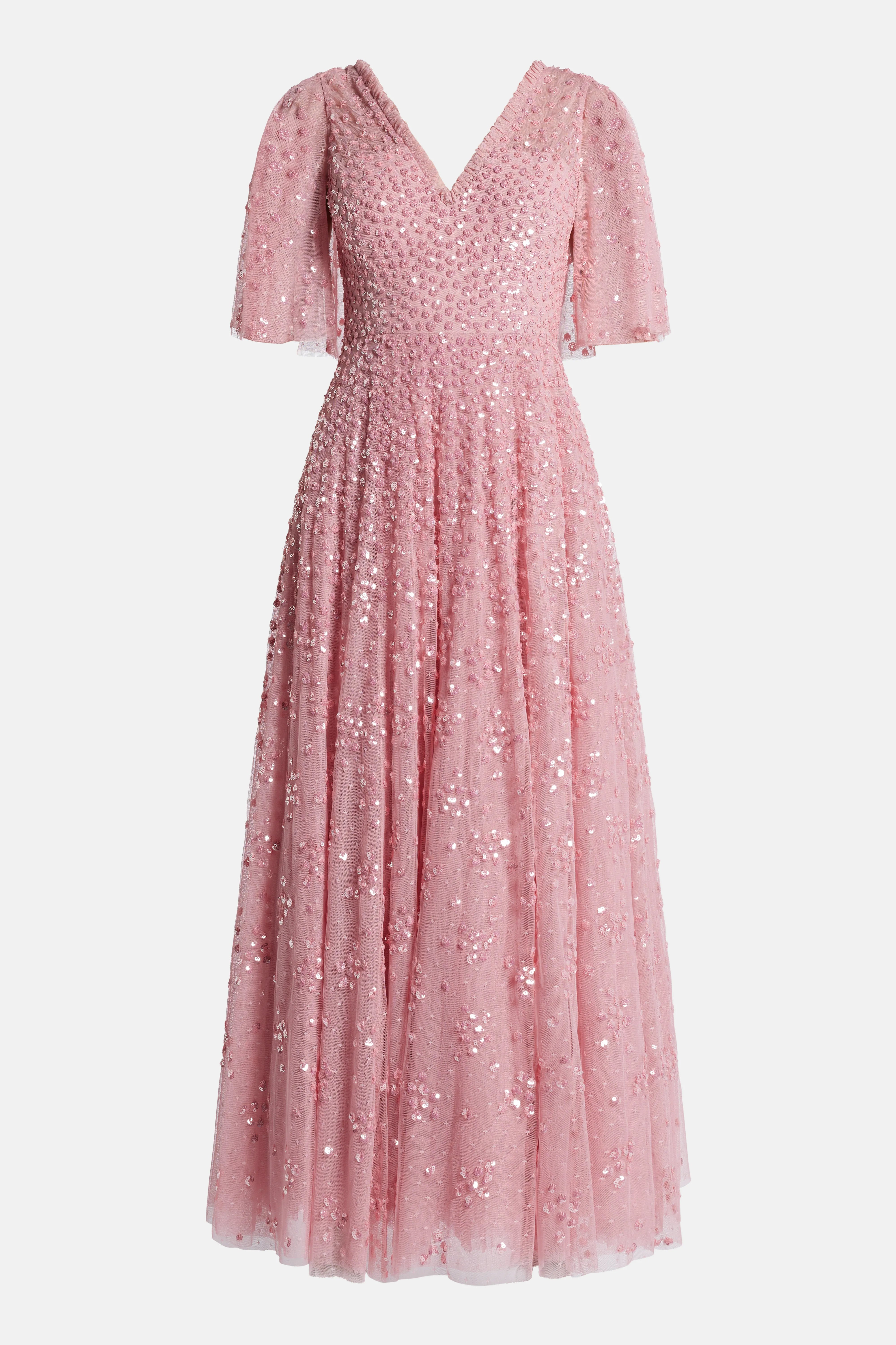 Leila Dot V Neck Sequin Midi Dress in Pink