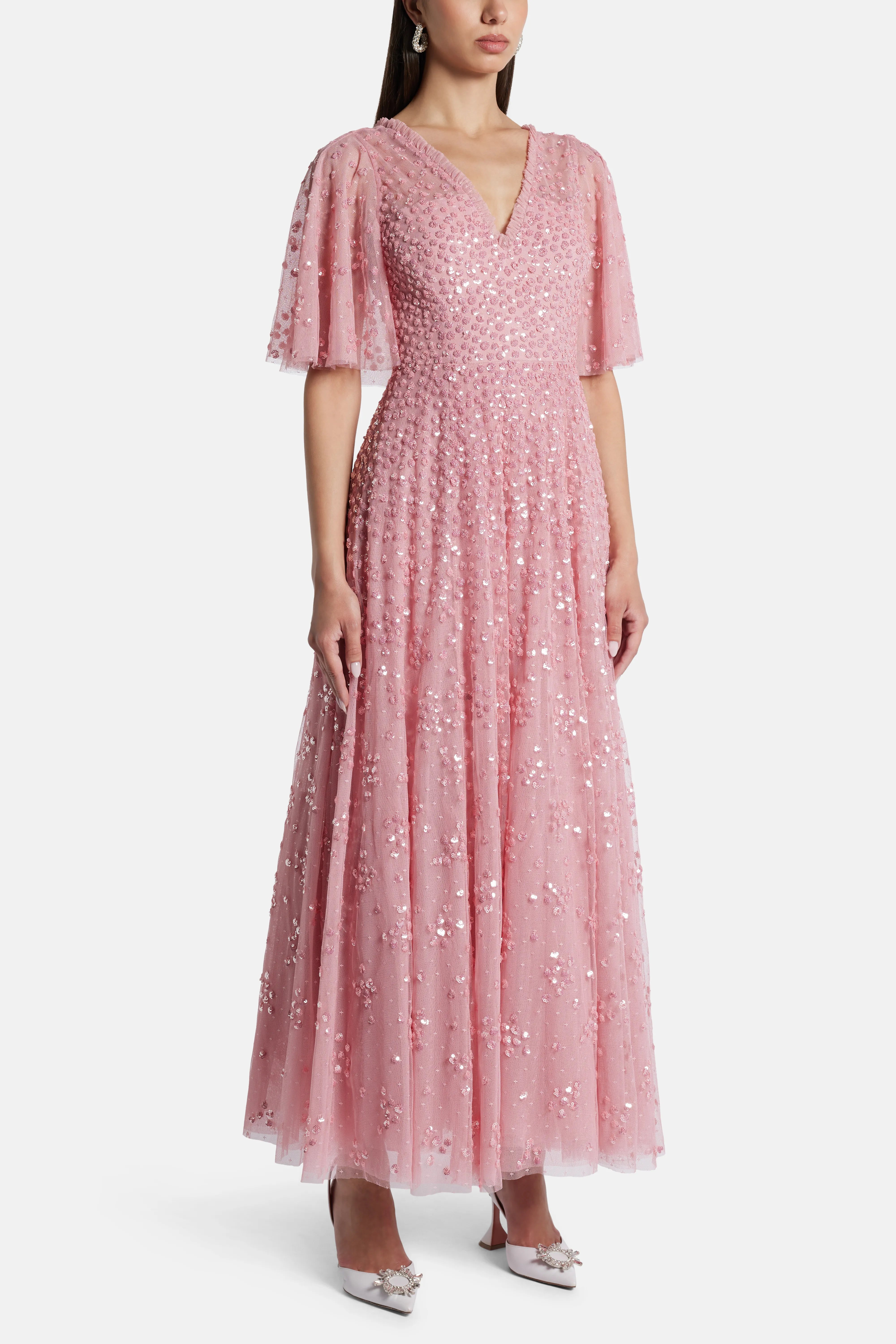 Leila Dot V Neck Sequin Midi Dress in Pink